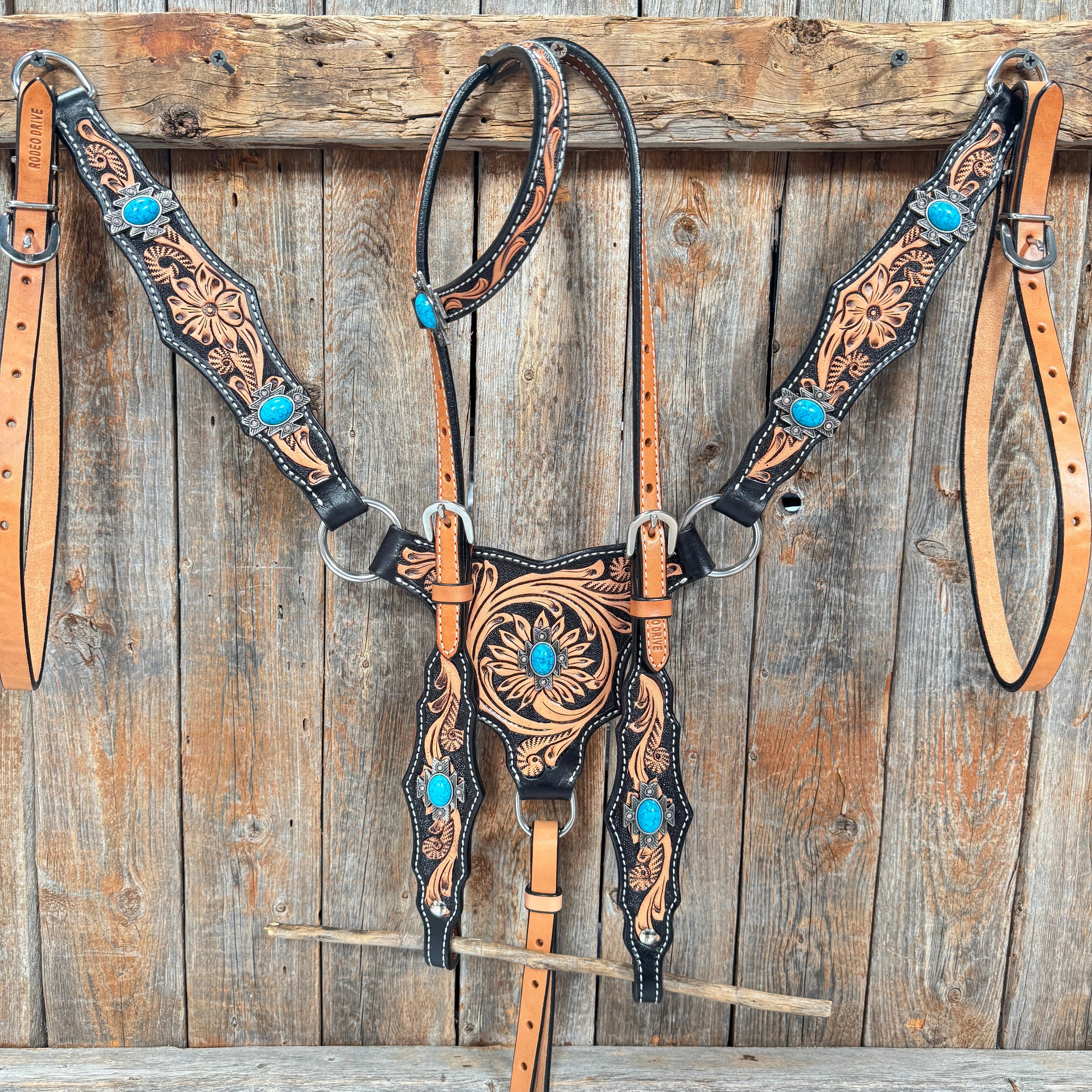 Two Tone Floral Triangle Antique Silver Turquoise Browband/One Ear - Triangle/Gladiator Breastcollar Tack Set #OEBC542 — view