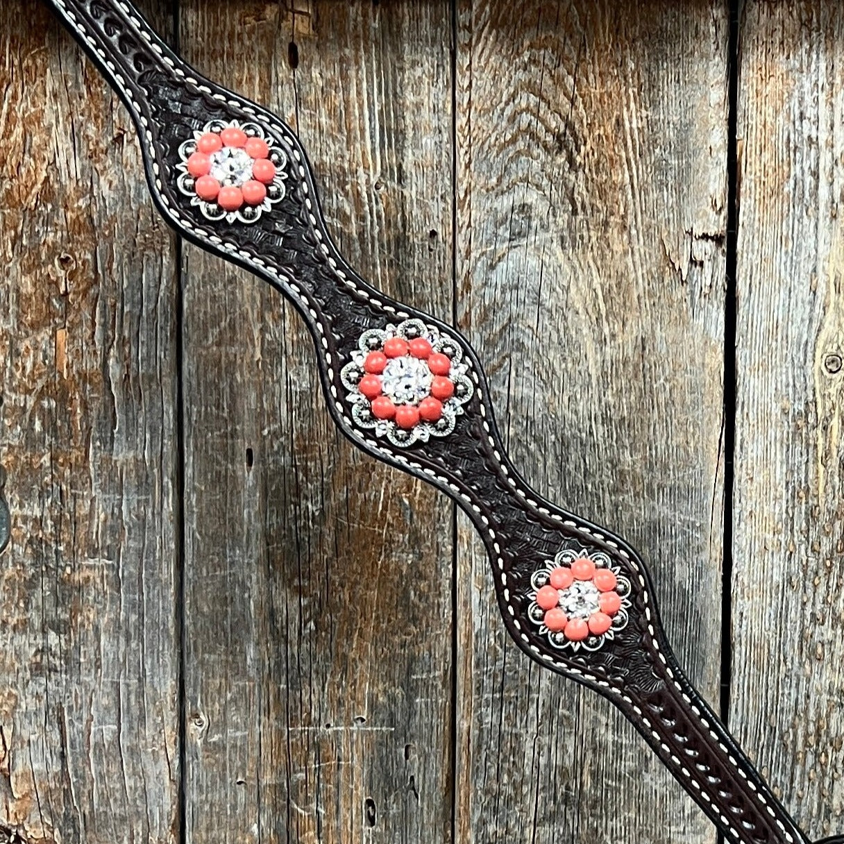 Dark Oil Basketweave Coral - Clear Browband/One Ear Tack Set #BBBC606 — view 10
