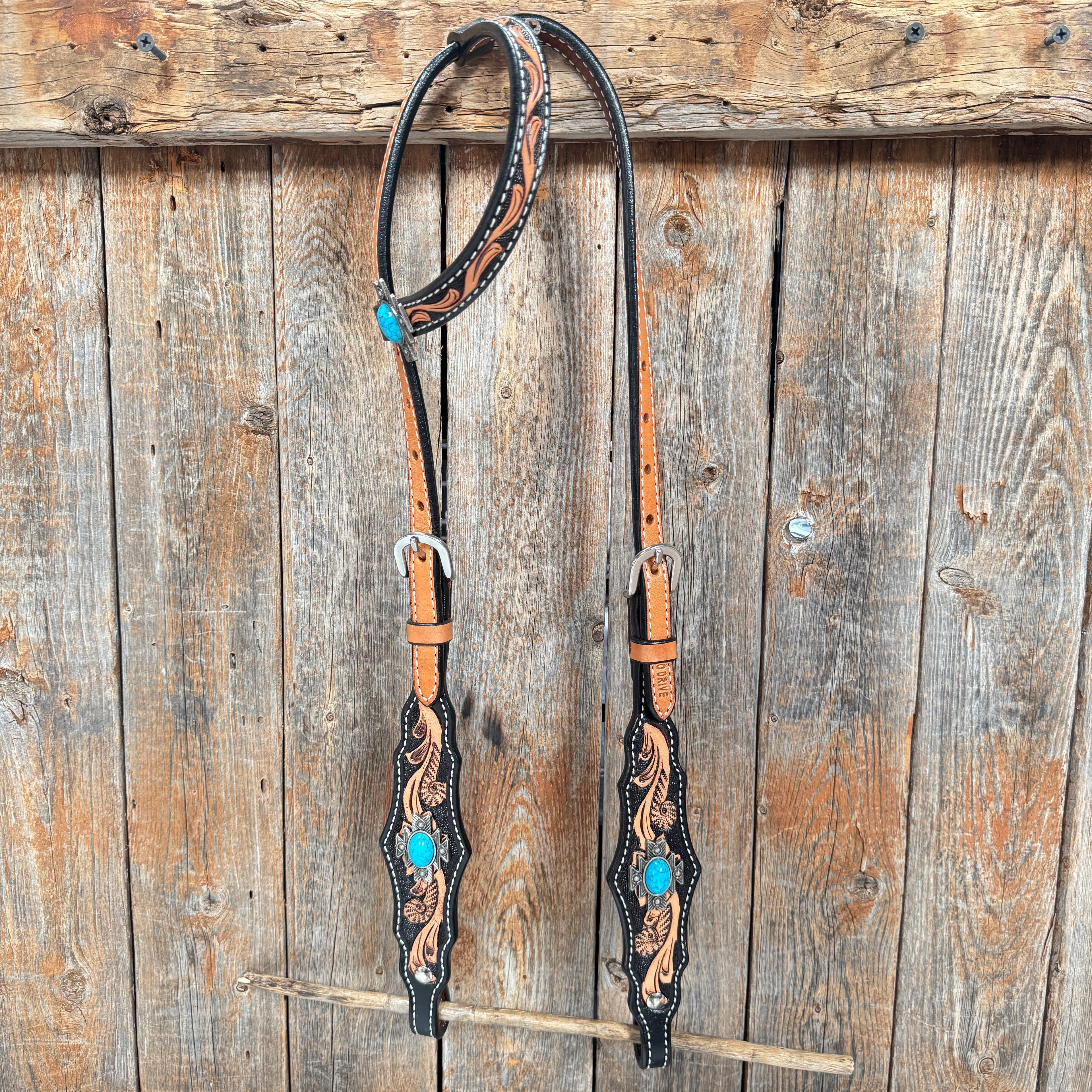 Two Tone Floral Triangle Antique Silver Turquoise Browband/One Ear - Triangle/Gladiator Breastcollar Tack Set #OEBC542 — view