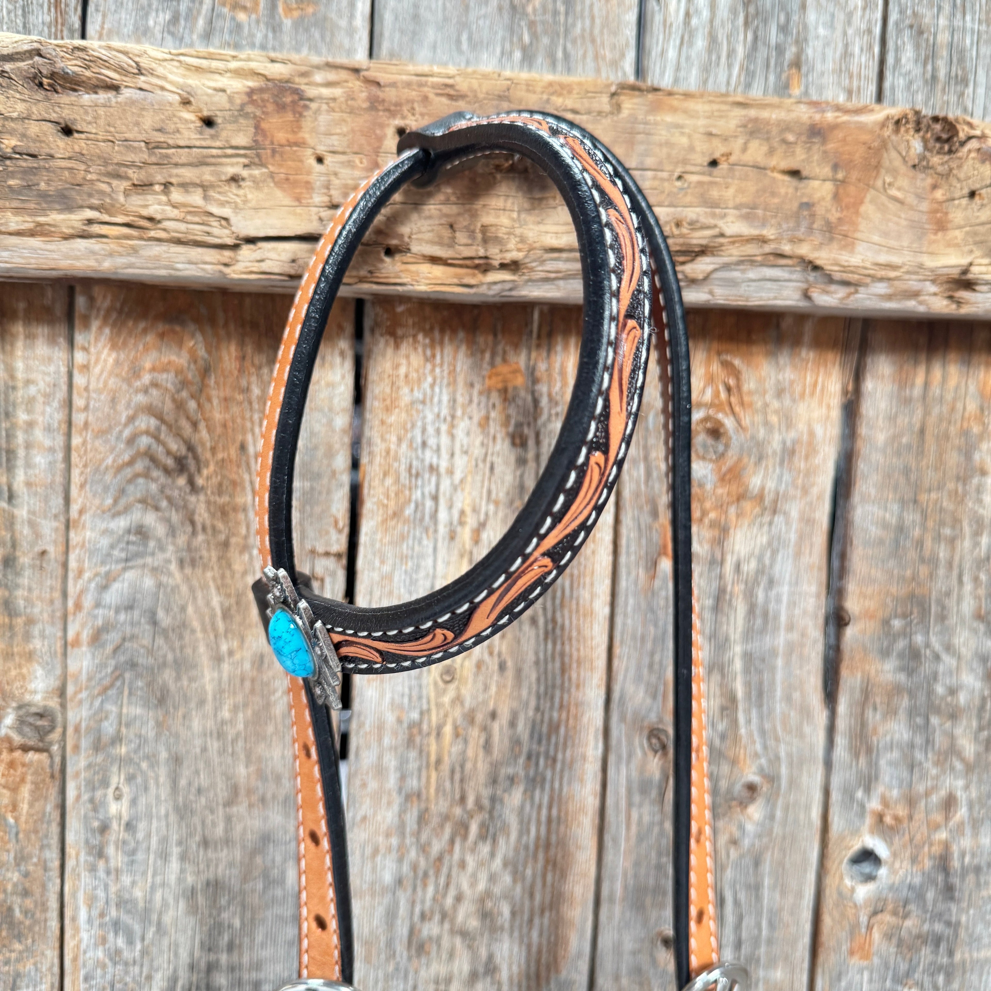 Two Tone Floral Triangle Antique Silver Turquoise Browband/One Ear - Triangle/Gladiator Breastcollar Tack Set #OEBC542 — view