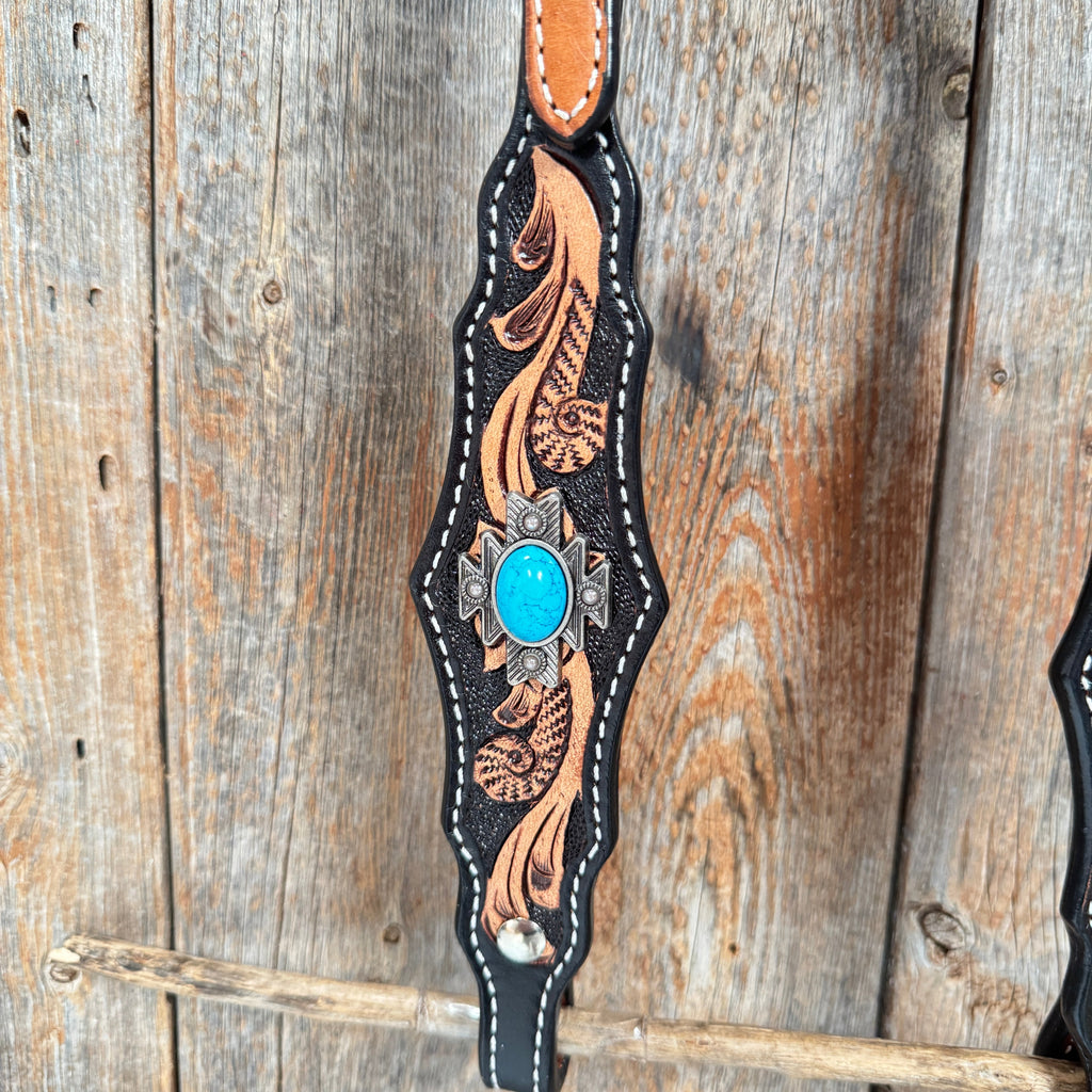 Two Tone Floral Triangle Antique Silver Turquoise Browband/One Ear - Triangle/Gladiator Breastcollar Tack Set #OEBC542 — view