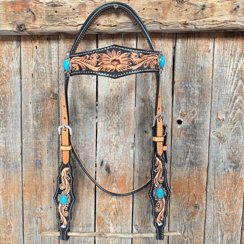 Two Tone Floral Triangle Antique Silver Turquoise Browband/One Ear - Triangle/Gladiator Breastcollar Tack Set #OEBC542 — view