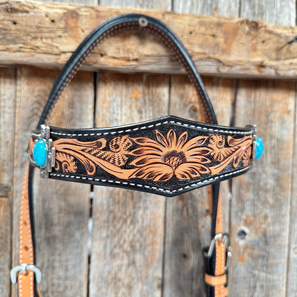 Two Tone Floral Triangle Antique Silver Turquoise Browband/One Ear - Triangle/Gladiator Breastcollar Tack Set #OEBC542 — view