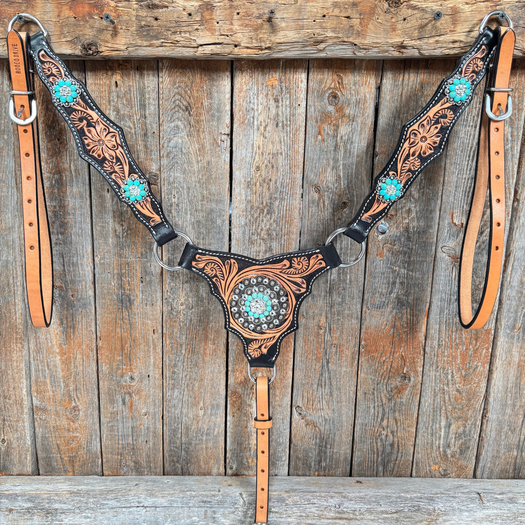 Two Tone Floral Triangle Turquoise and Clear Browband/One Ear - Triangle/Gladiator Breastcollar Tack Set #OEBC509 — view 8