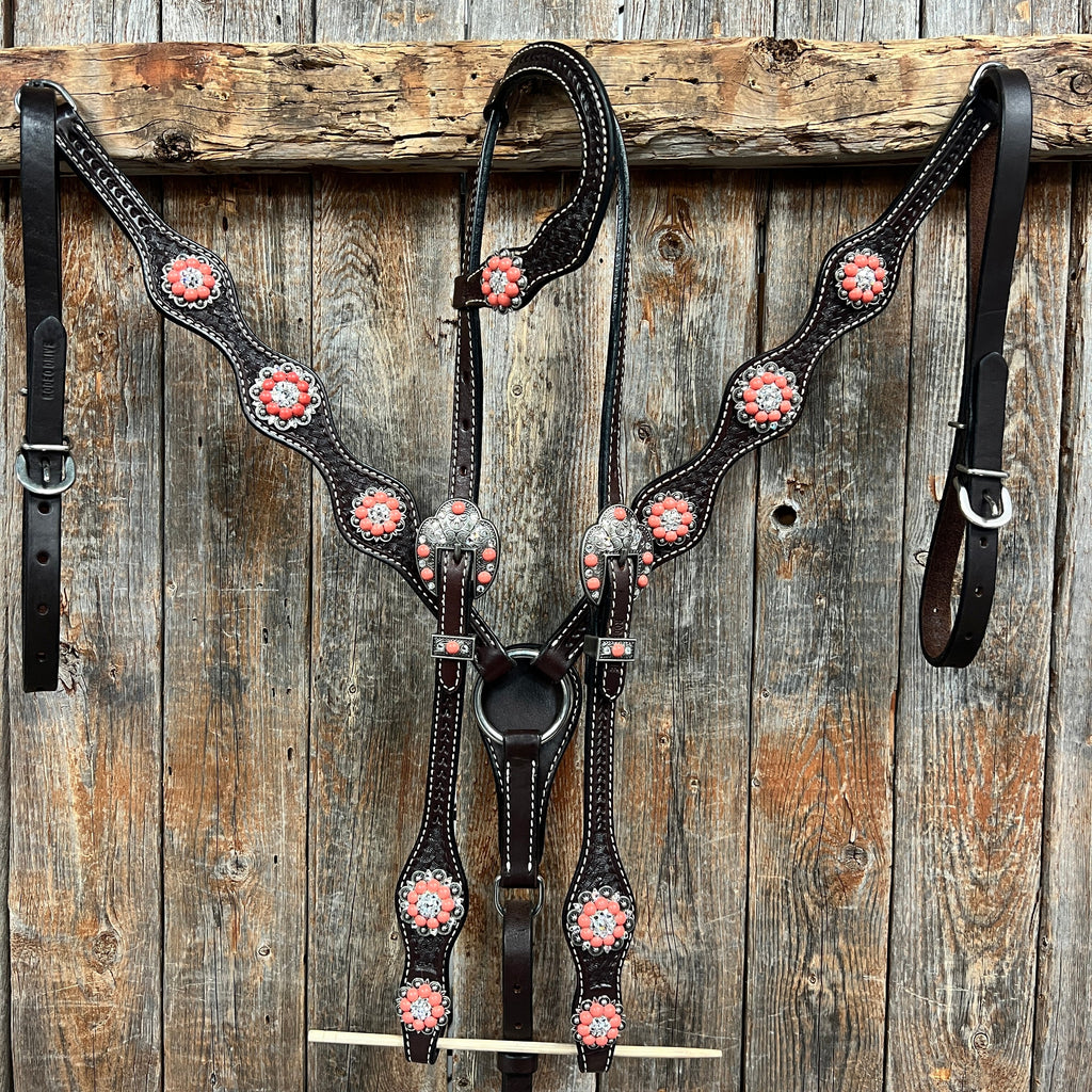 Dark Oil Basketweave Coral - Clear Browband/One Ear Tack Set #BBBC606 — view 2