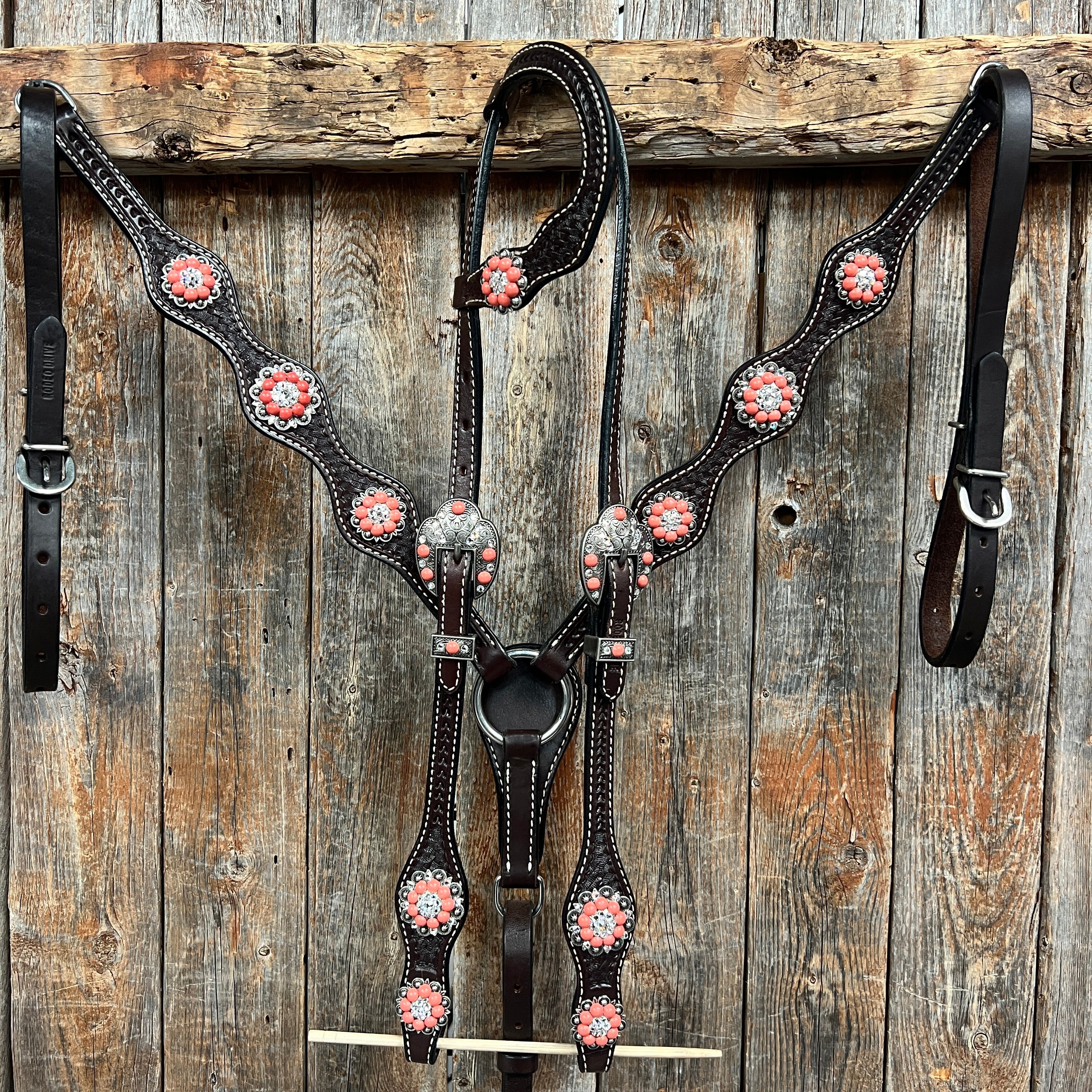 Dark Oil Basketweave Coral - Clear Browband/One Ear Tack Set #BBBC606 — view 2