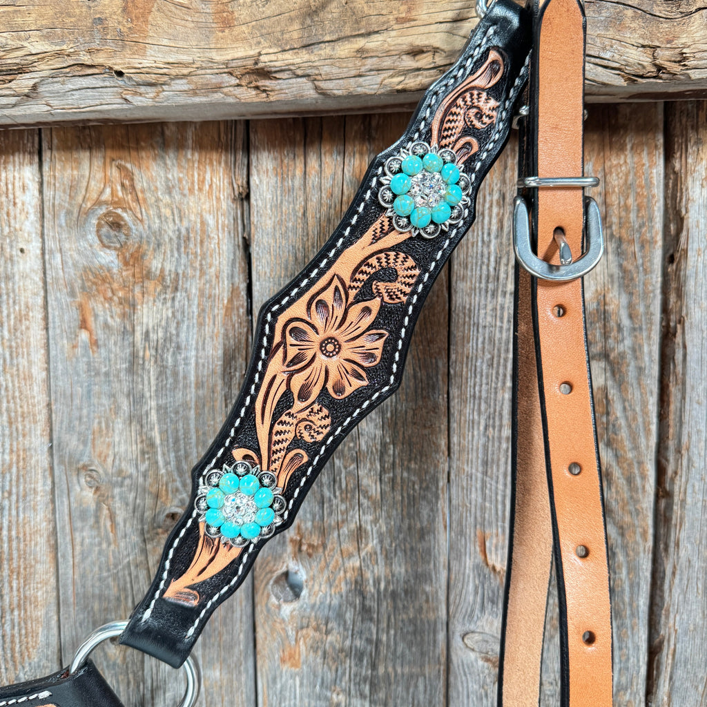 Two Tone Floral Triangle Turquoise and Clear Browband/One Ear - Triangle/Gladiator Breastcollar Tack Set #OEBC509 — view 9