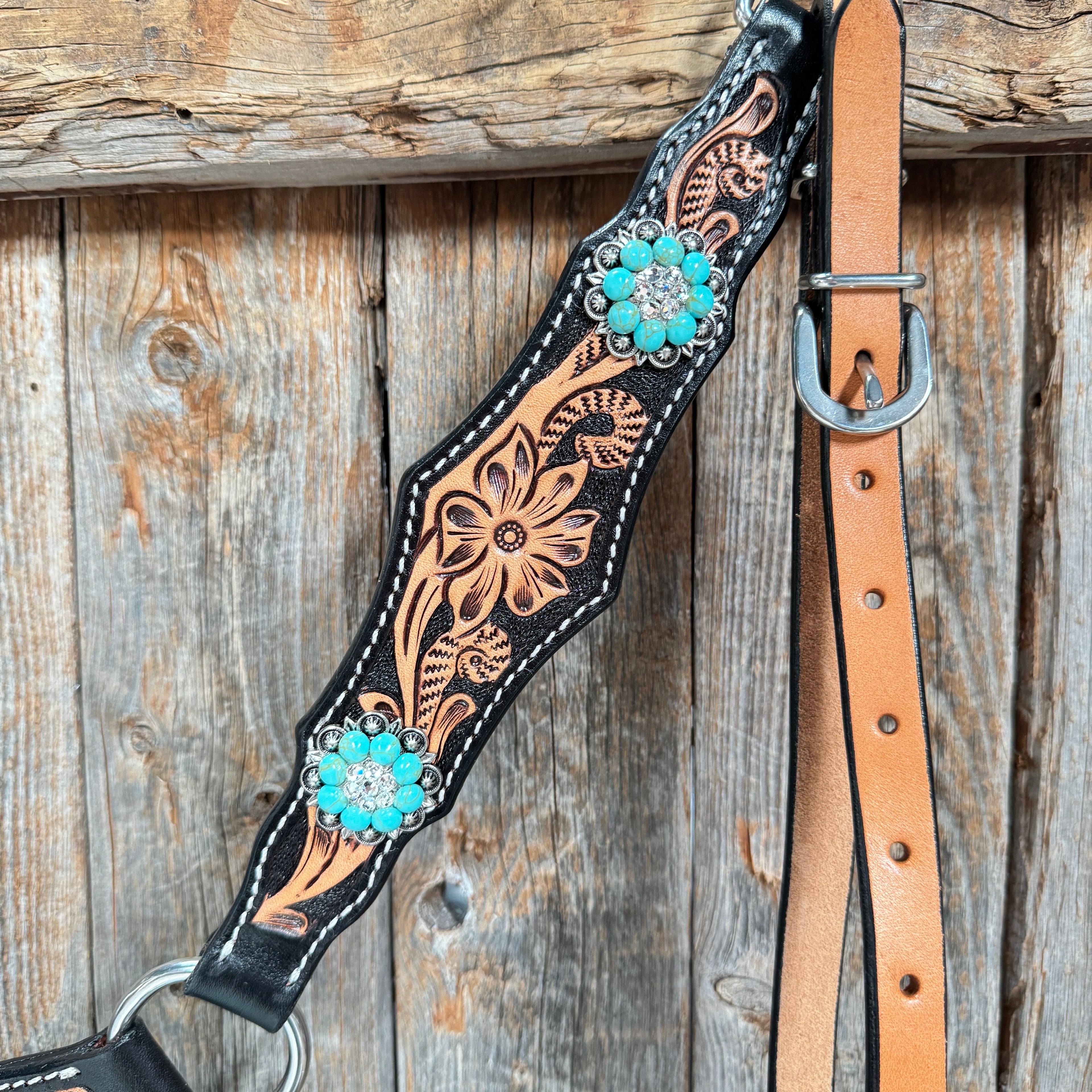 Two Tone Floral Triangle Turquoise and Clear Browband/One Ear - Triangle/Gladiator Breastcollar Tack Set #OEBC509 — view 9