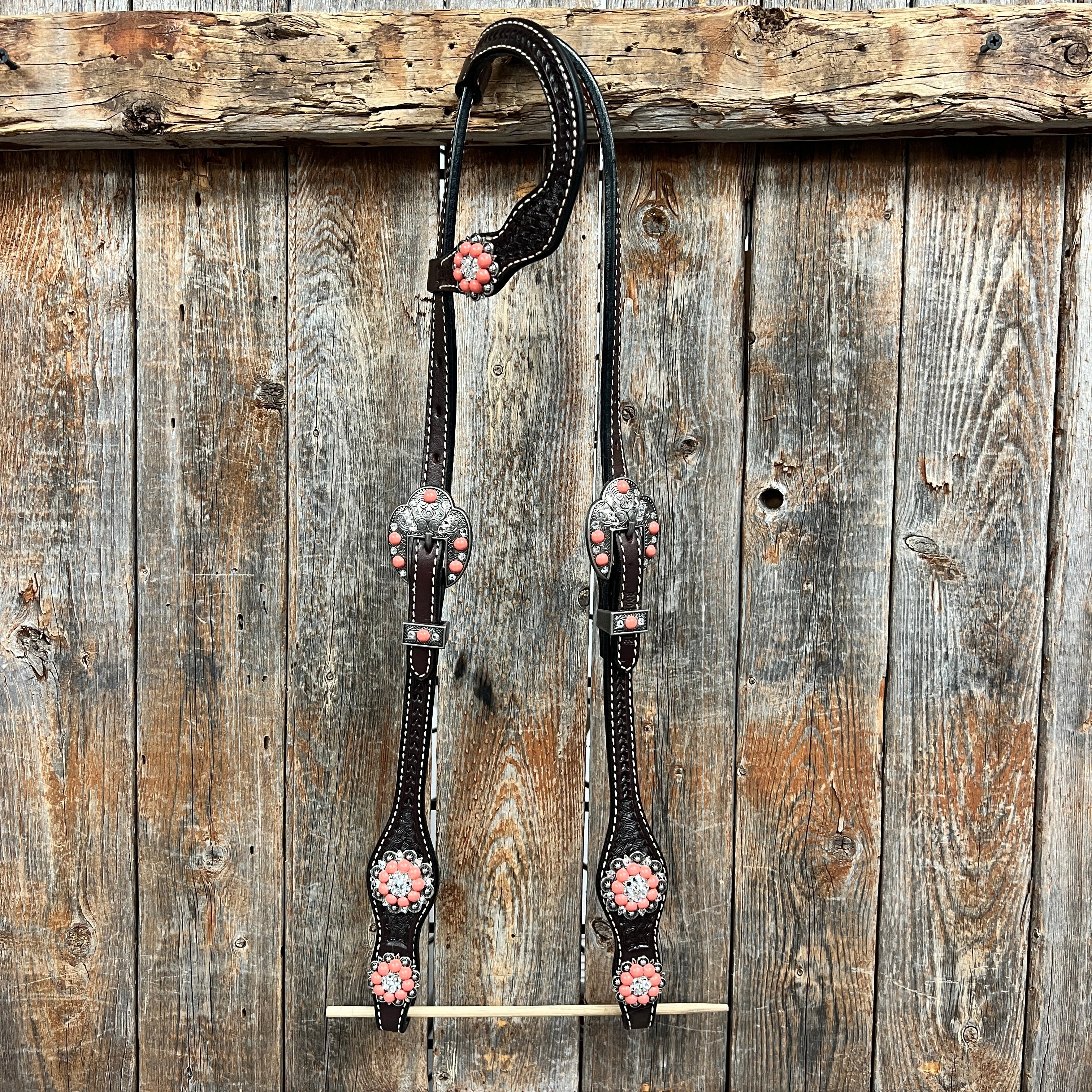 Dark Oil Basketweave Coral - Clear Browband/One Ear Tack Set #BBBC606 — view 7