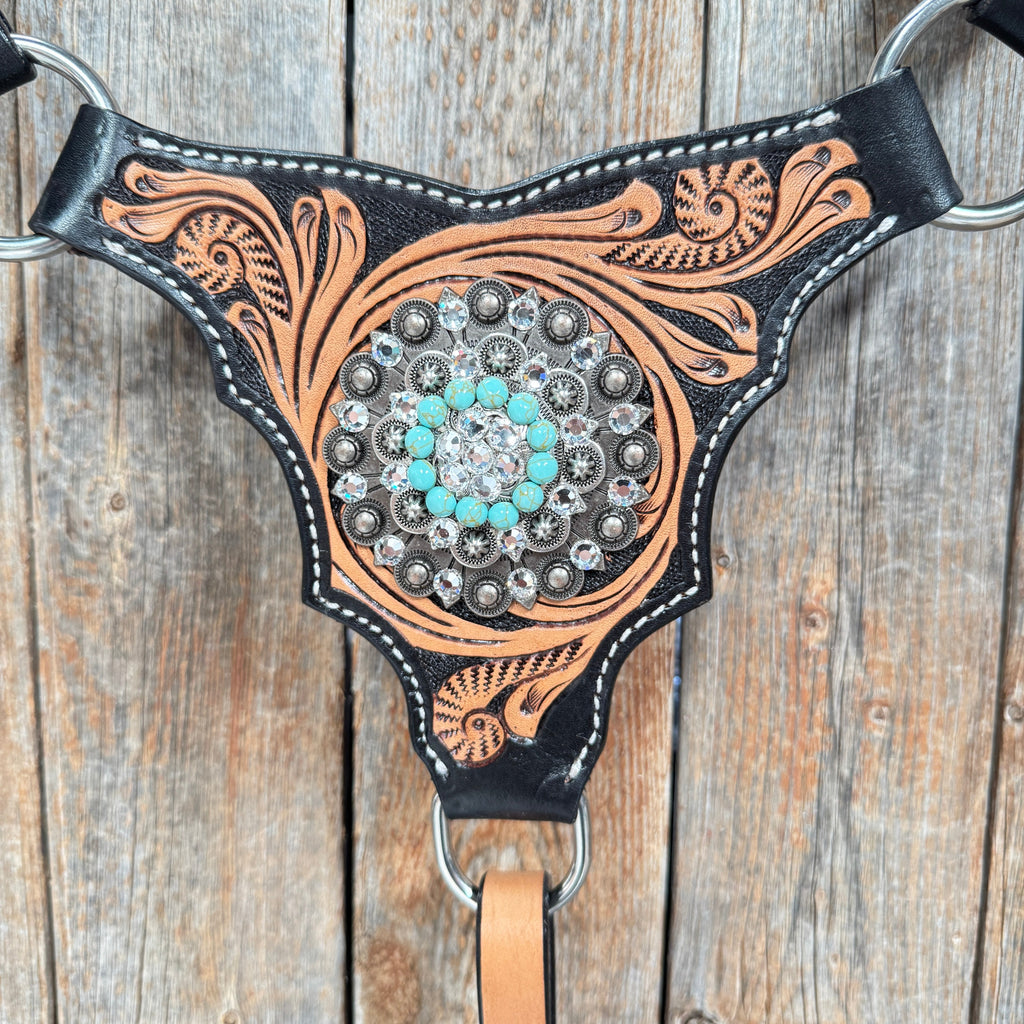 Two Tone Floral Triangle Turquoise and Clear Browband/One Ear - Triangle/Gladiator Breastcollar Tack Set #OEBC509 — view 10
