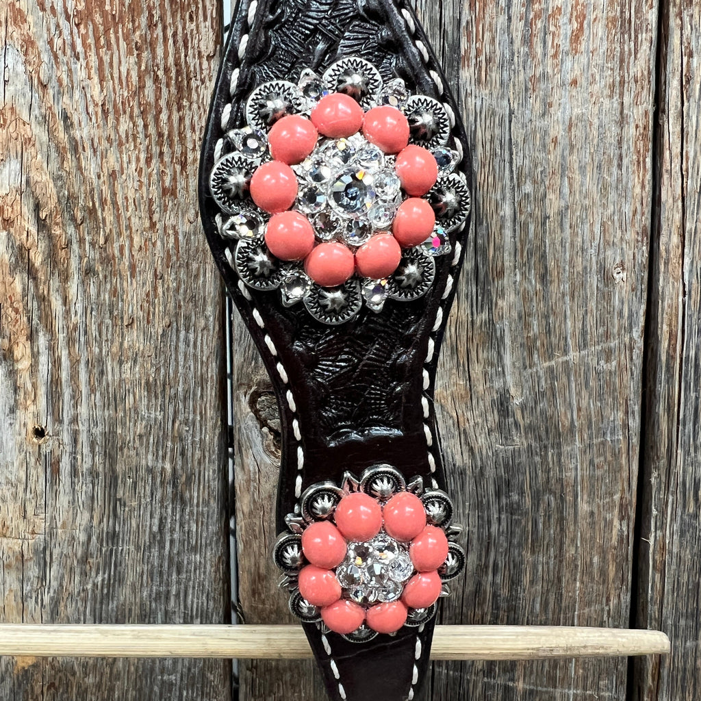 Dark Oil Basketweave Coral - Clear Browband/One Ear Tack Set #BBBC606 — view 6