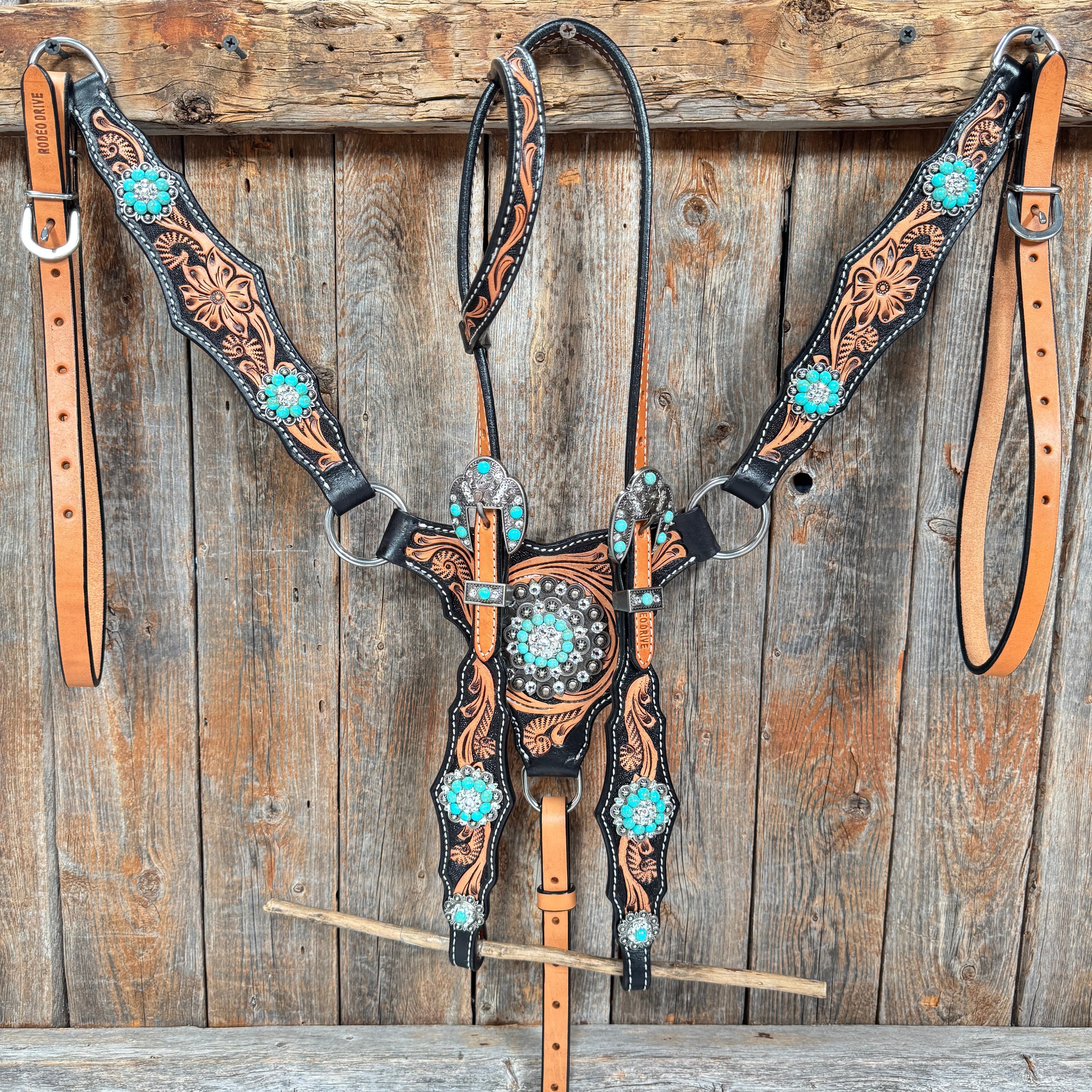 Two Tone Floral Triangle Turquoise and Clear Browband/One Ear - Triangle/Gladiator Breastcollar Tack Set #OEBC509 — view 2