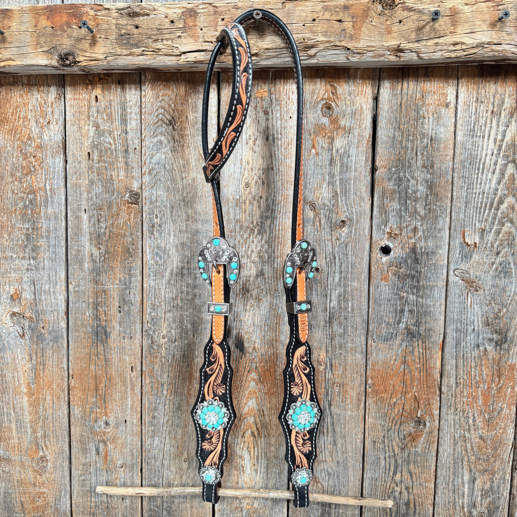 Two Tone Floral Triangle Turquoise and Clear Browband/One Ear - Triangle/Gladiator Breastcollar Tack Set #OEBC509 — view 7