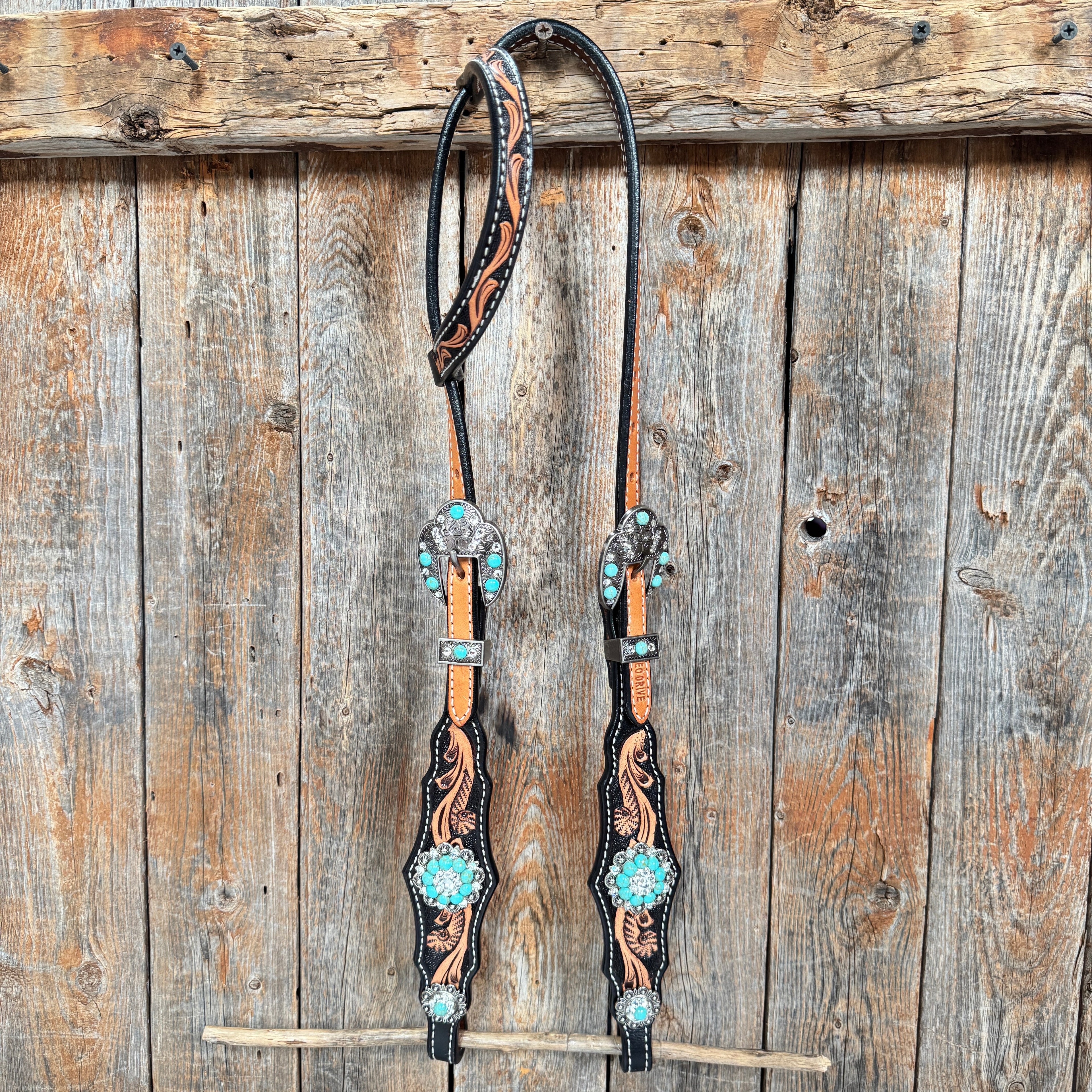 Two Tone Floral Triangle Turquoise and Clear Browband/One Ear - Triangle/Gladiator Breastcollar Tack Set #OEBC509 — view 7