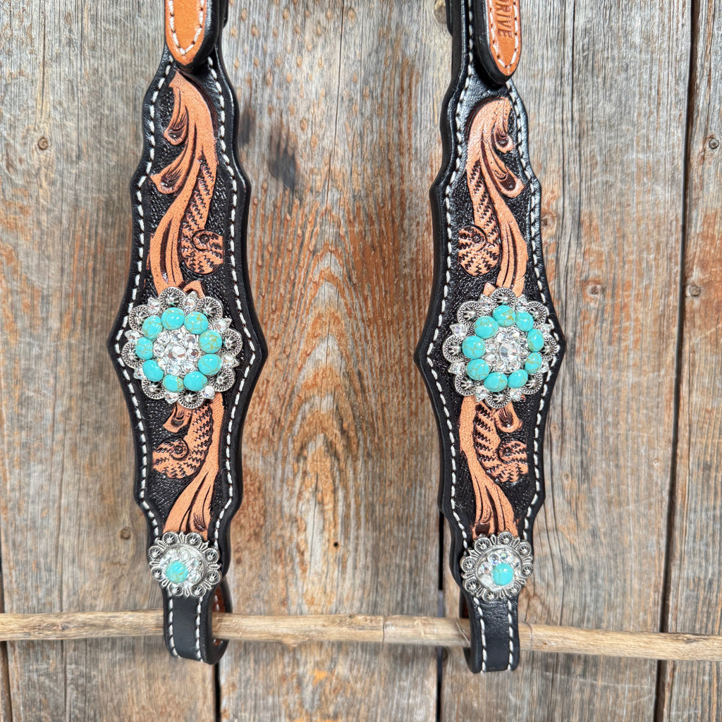 Two Tone Floral Triangle Turquoise and Clear Browband/One Ear - Triangle/Gladiator Breastcollar Tack Set #OEBC509 — view 6