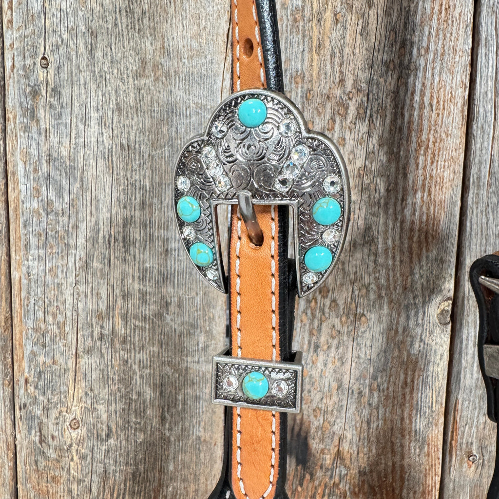 Two Tone Floral Triangle Turquoise and Clear Browband/One Ear - Triangle/Gladiator Breastcollar Tack Set #OEBC509 — view 5