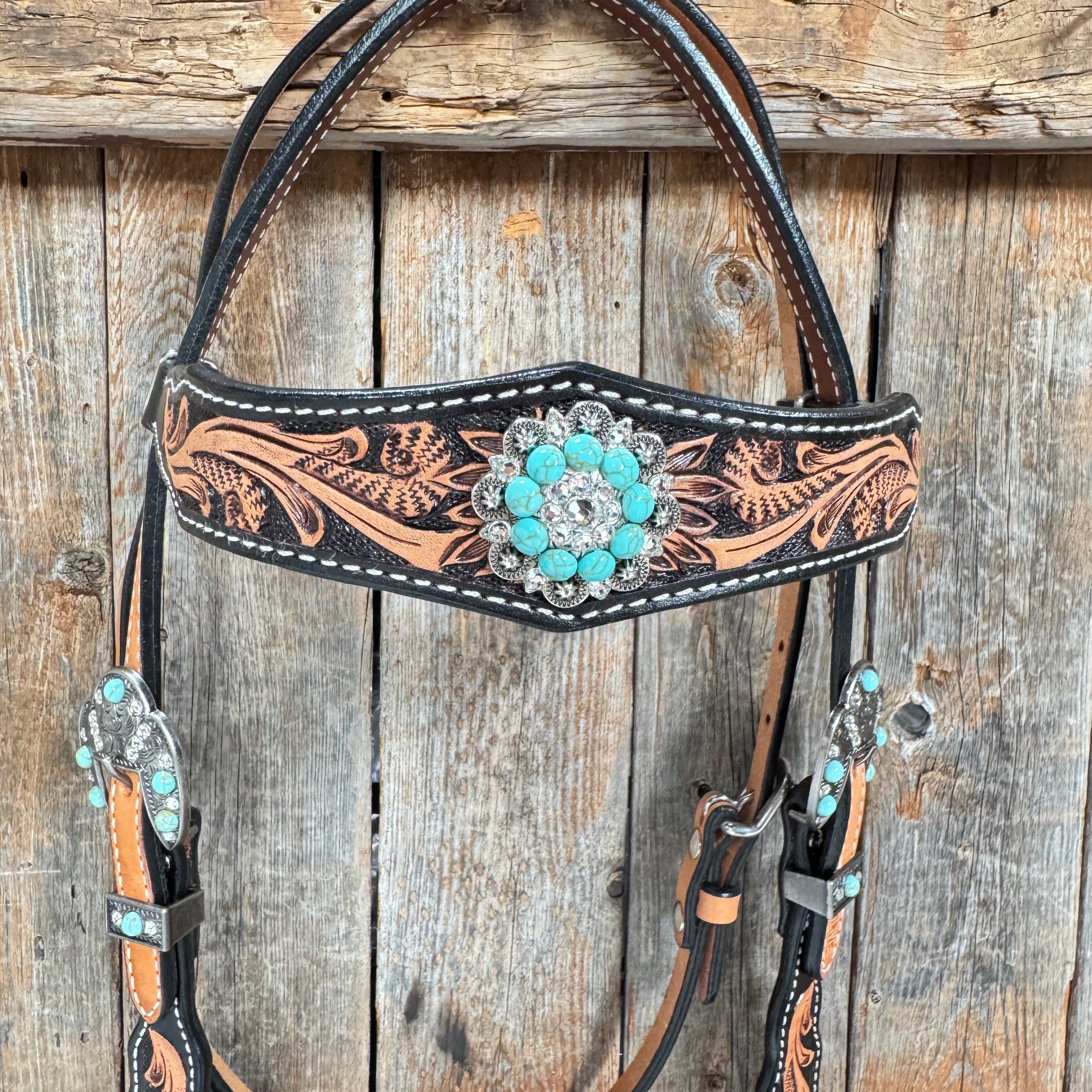Two Tone Floral Triangle Turquoise and Clear Browband/One Ear - Triangle/Gladiator Breastcollar Tack Set #OEBC509 — view 4