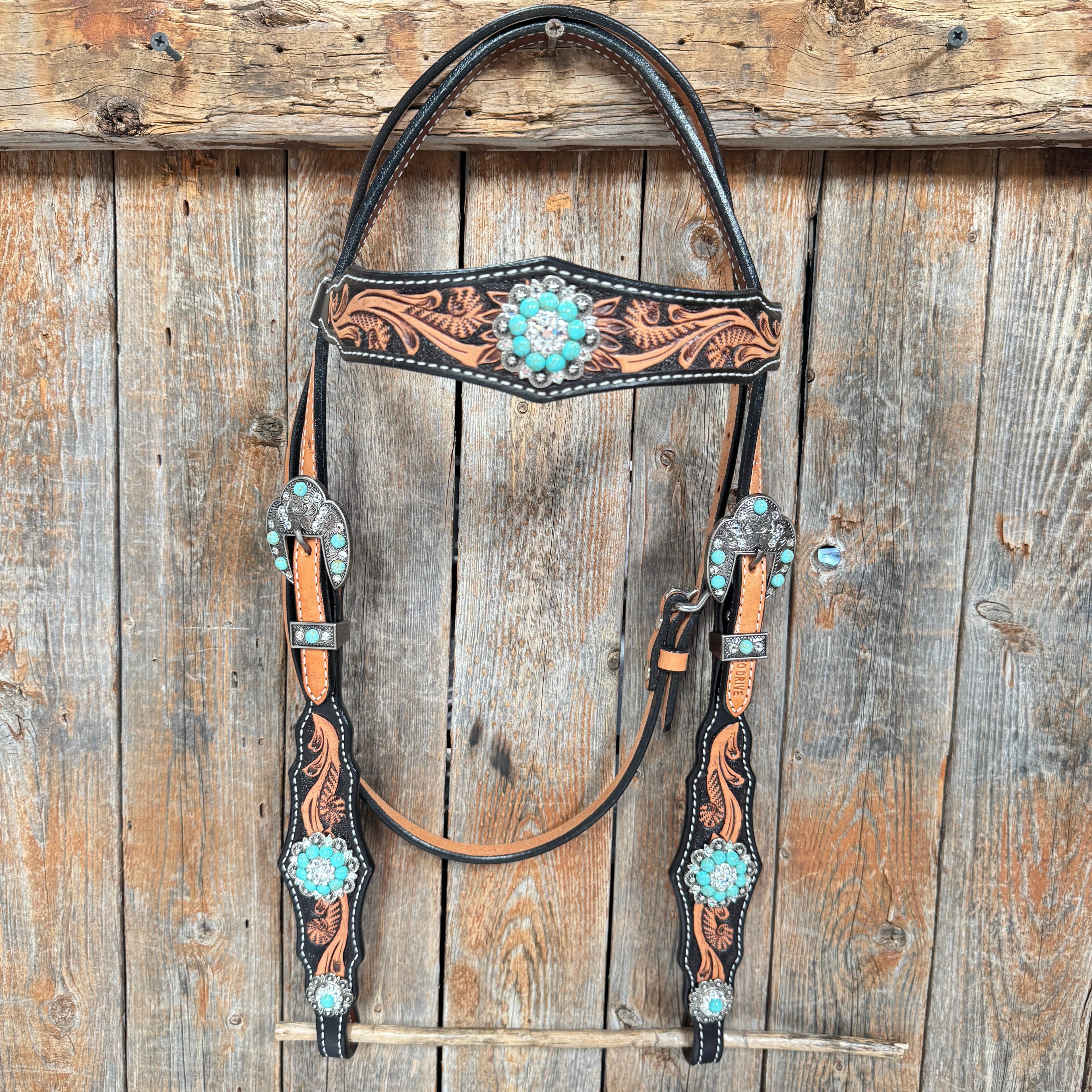 Two Tone Floral Triangle Turquoise and Clear Browband/One Ear - Triangle/Gladiator Breastcollar Tack Set #OEBC509 — view 3