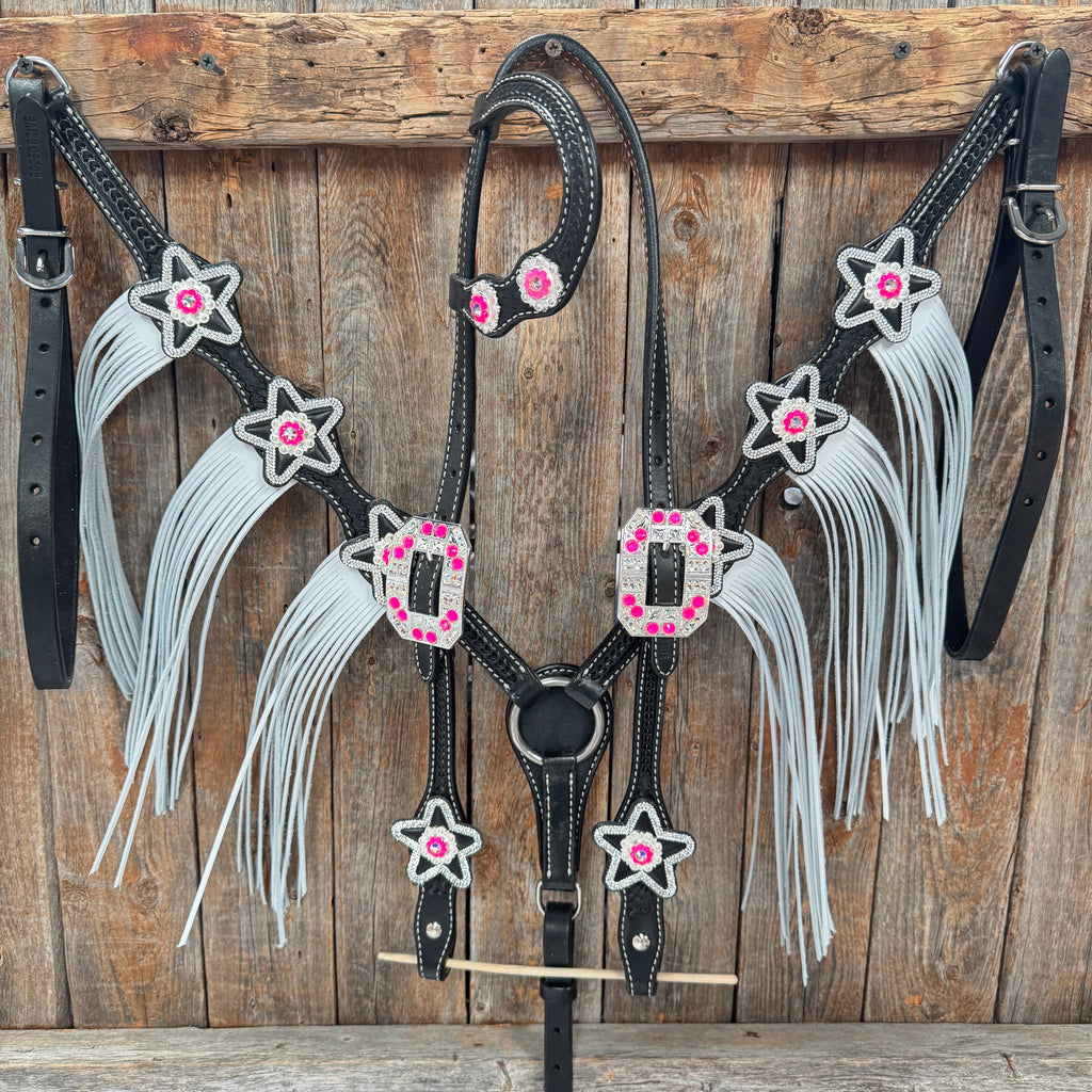 Black Basketweave Pink & AB One Ear Tack Set #OEBC661
