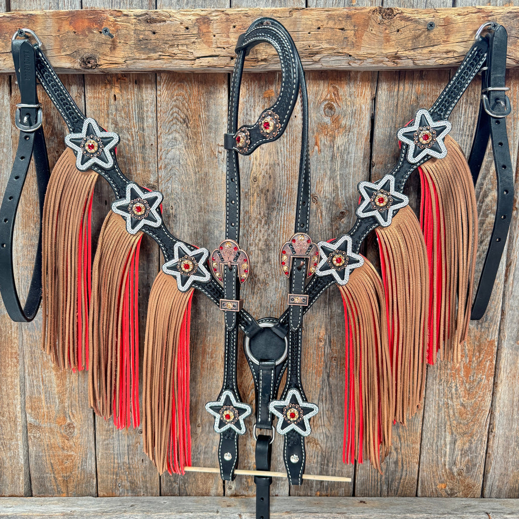 Black Basketweave Red and Copper One Ear Tack Set #OEBC662