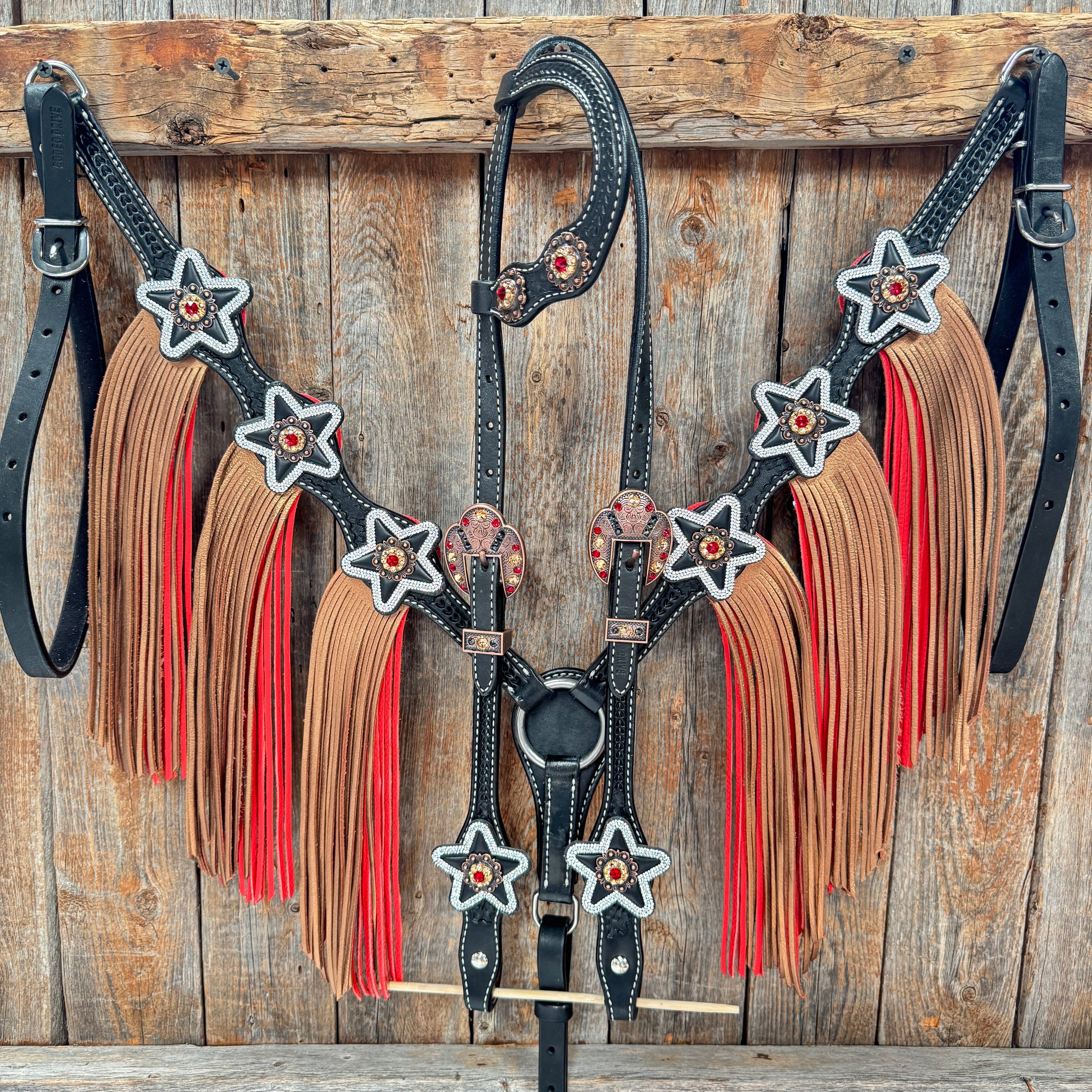 Black Basketweave Red and Copper One Ear Tack Set #OEBC662