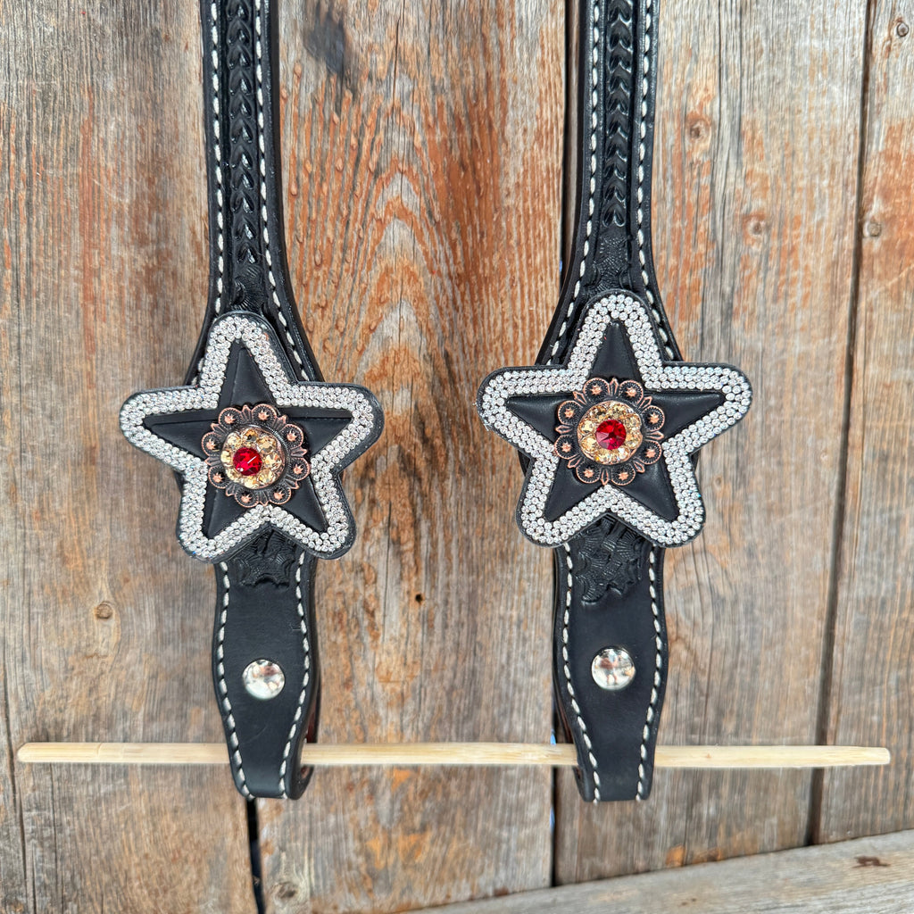 Black Basketweave Red and Copper One Ear Tack Set #OEBC662 — view 6