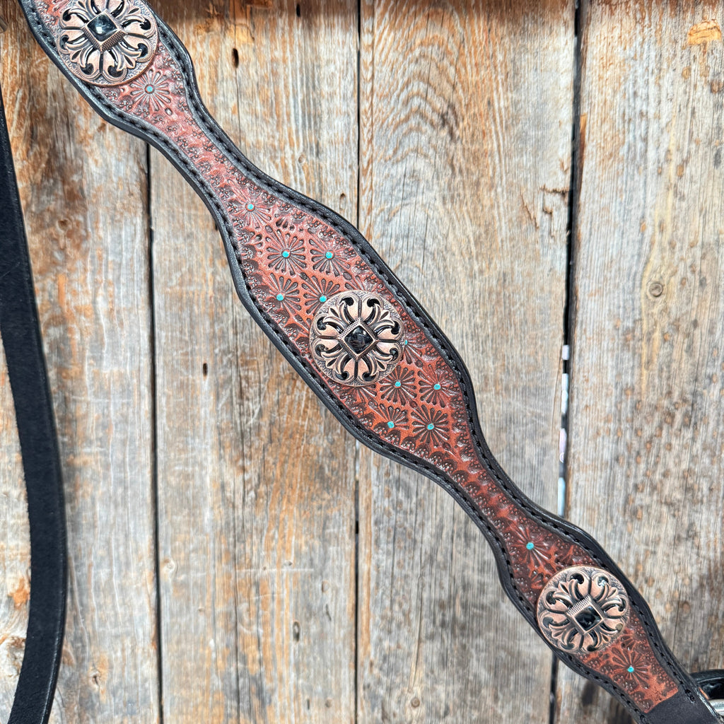 Teal Diamond and Black Fleur De Lis Browband / One Ear - Breastcollar Tack Set #BBBC658 — view 9