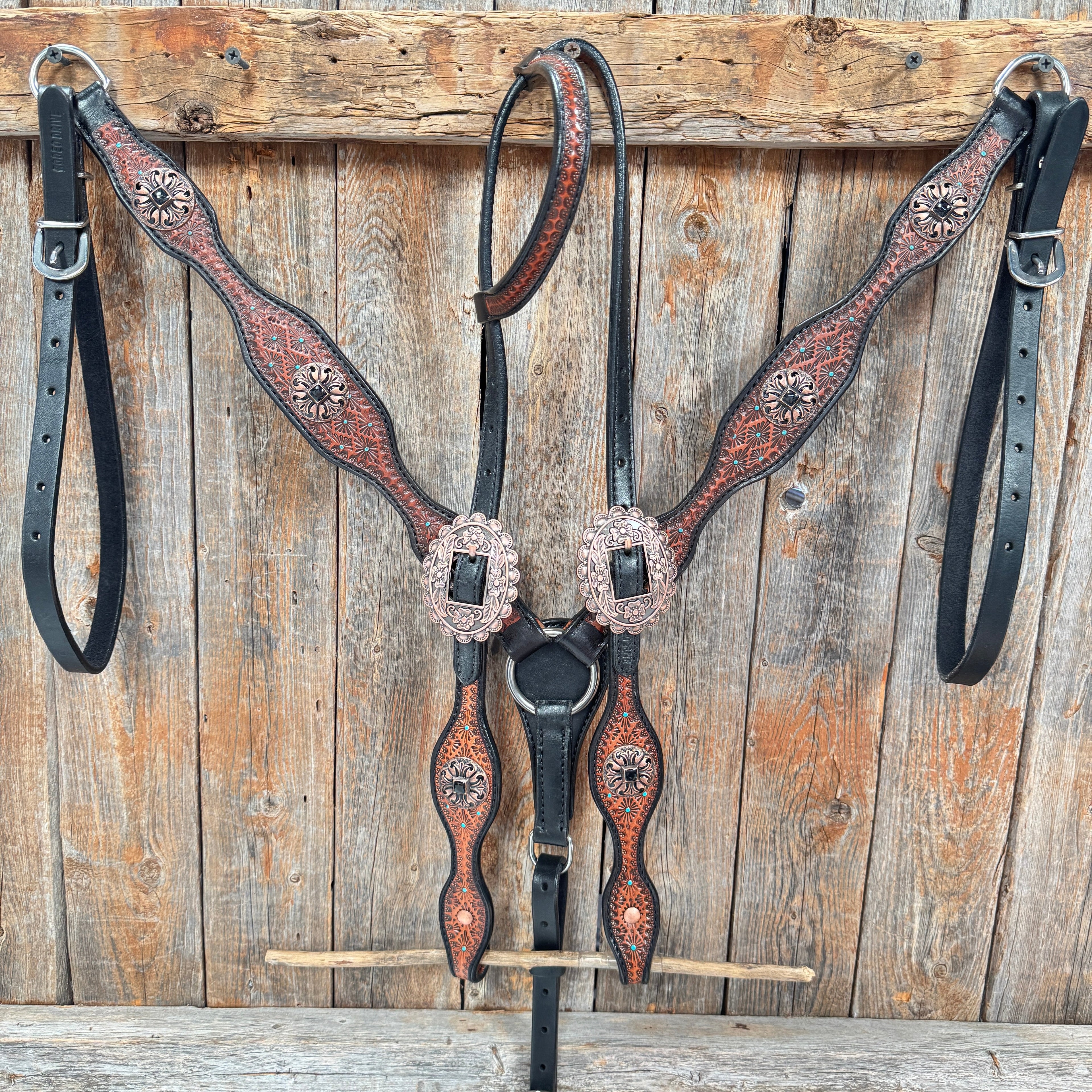 Teal Diamond and Black Fleur De Lis Browband / One Ear - Breastcollar Tack Set #BBBC658 — view 2