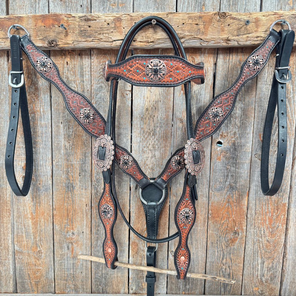 Teal Diamond and Black Fleur De Lis Browband / One Ear - Breastcollar Tack Set #BBBC658