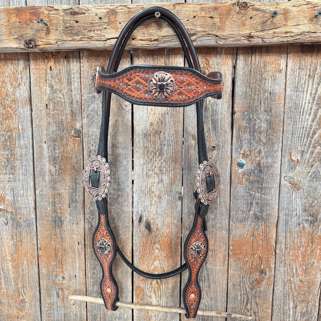 Teal Diamond and Black Fleur De Lis Browband / One Ear - Breastcollar Tack Set #BBBC658 — view 3