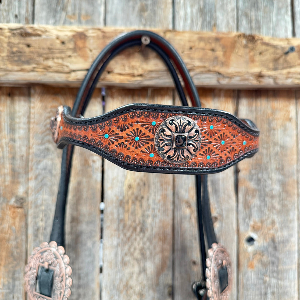 Teal Diamond and Black Fleur De Lis Browband / One Ear - Breastcollar Tack Set #BBBC658 — view 4