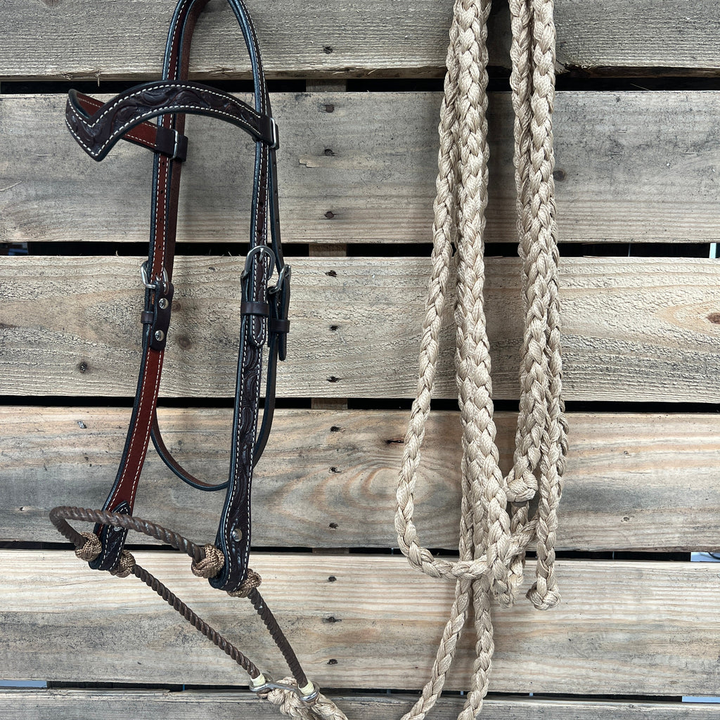 Dark Oil Floral V-Brow Tan Loping Hackamore #LHK031