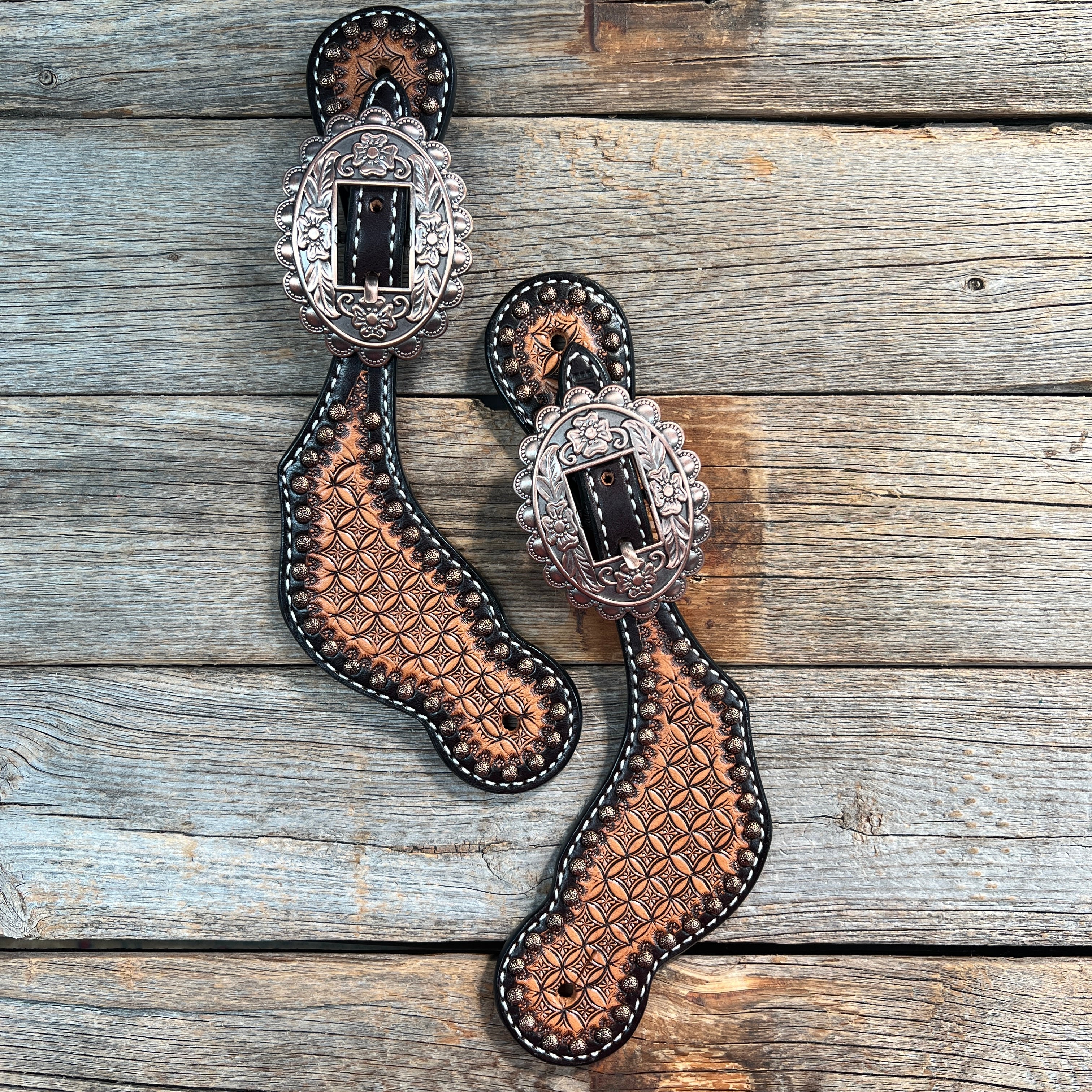 Copper Dot Honeycomb Floral Spur Straps - Copper Flower #SS122