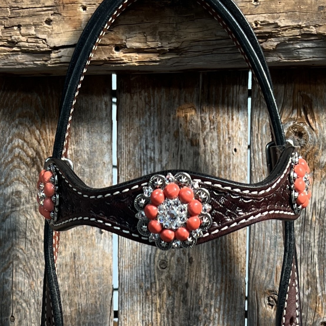 Dark Oil Basketweave Coral - Clear Browband/One Ear Tack Set #BBBC606 — view 4