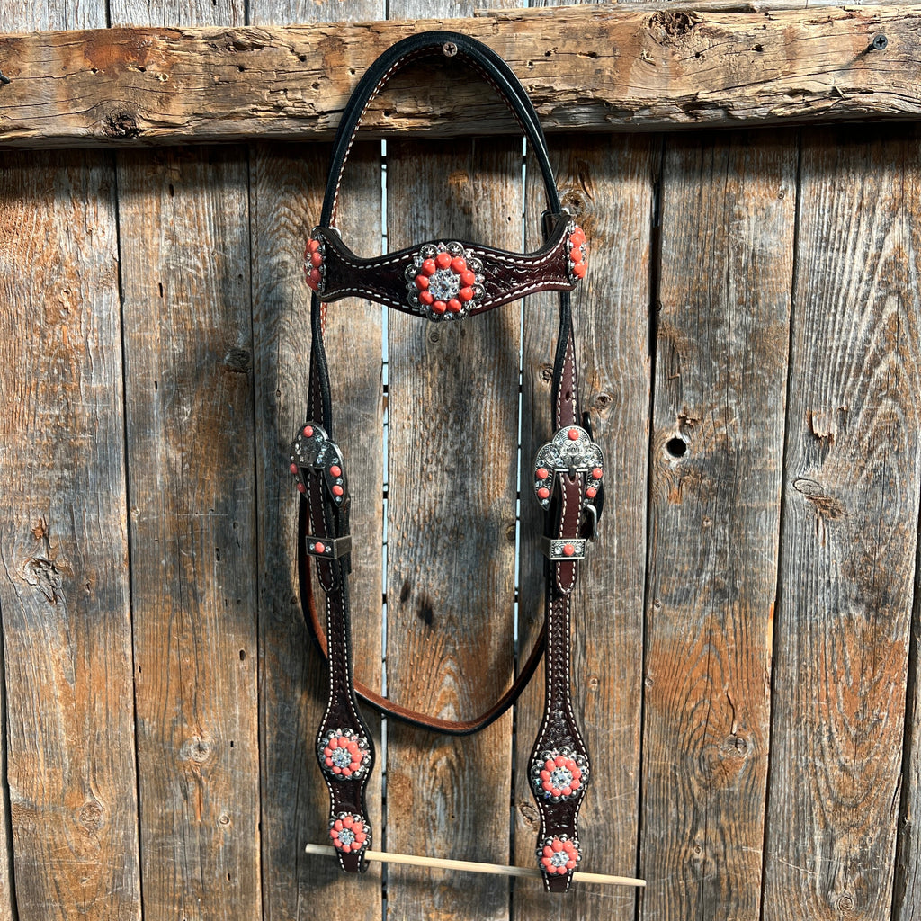 Dark Oil Basketweave Coral - Clear Browband/One Ear Tack Set #BBBC606 — view 3