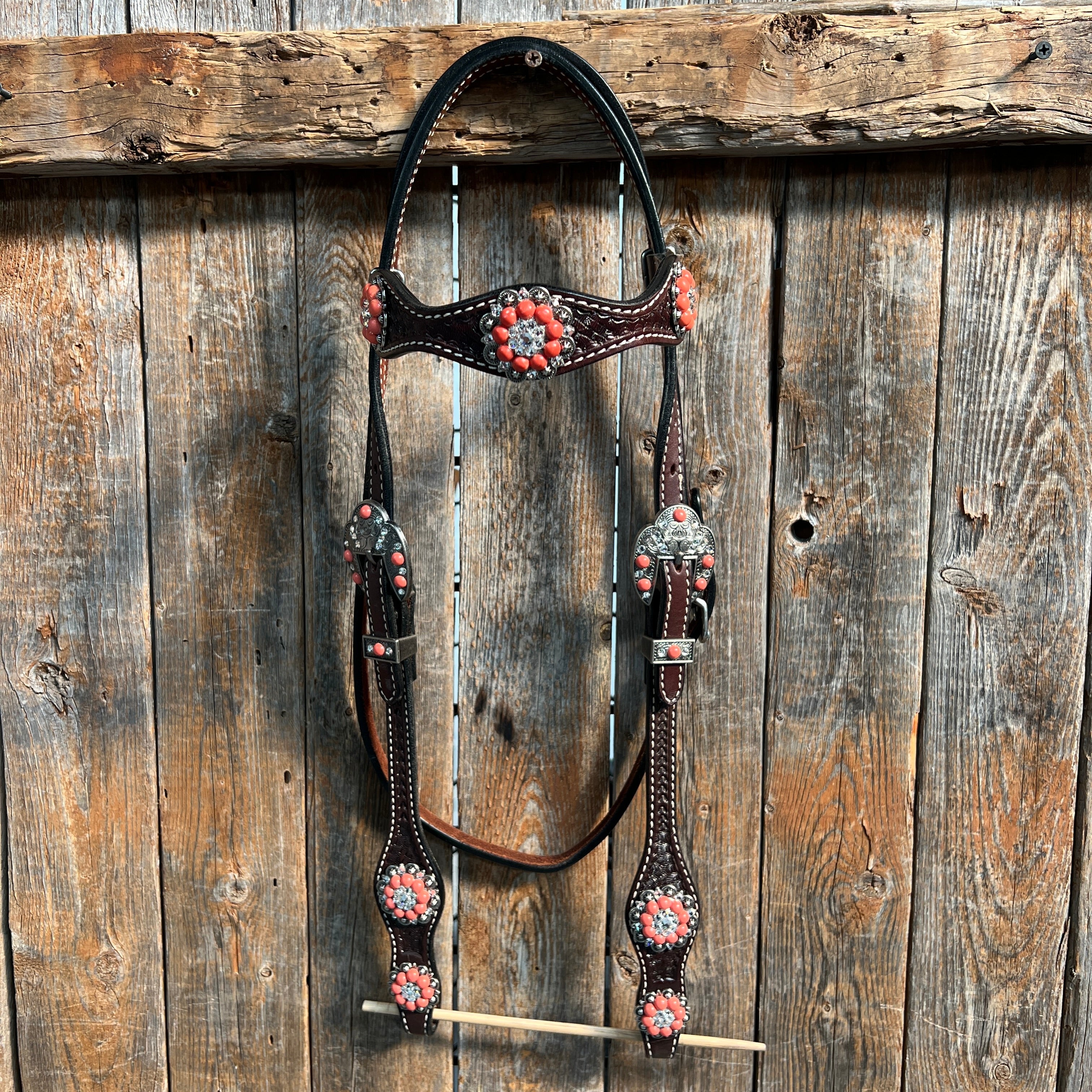 Dark Oil Basketweave Coral - Clear Browband/One Ear Tack Set #BBBC606 — view 3
