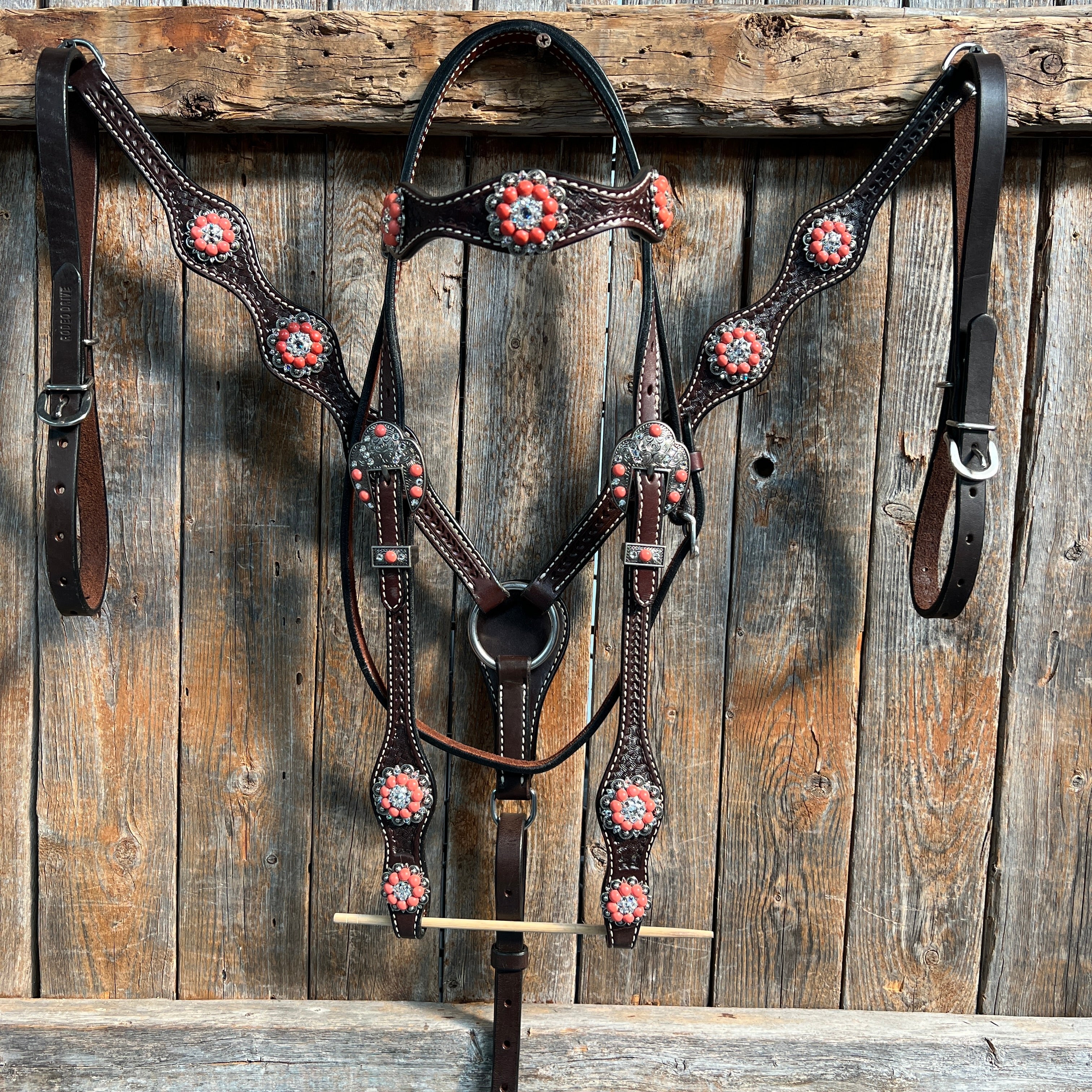 Dark Oil Basketweave Coral - Clear Browband/One Ear Tack Set #BBBC606