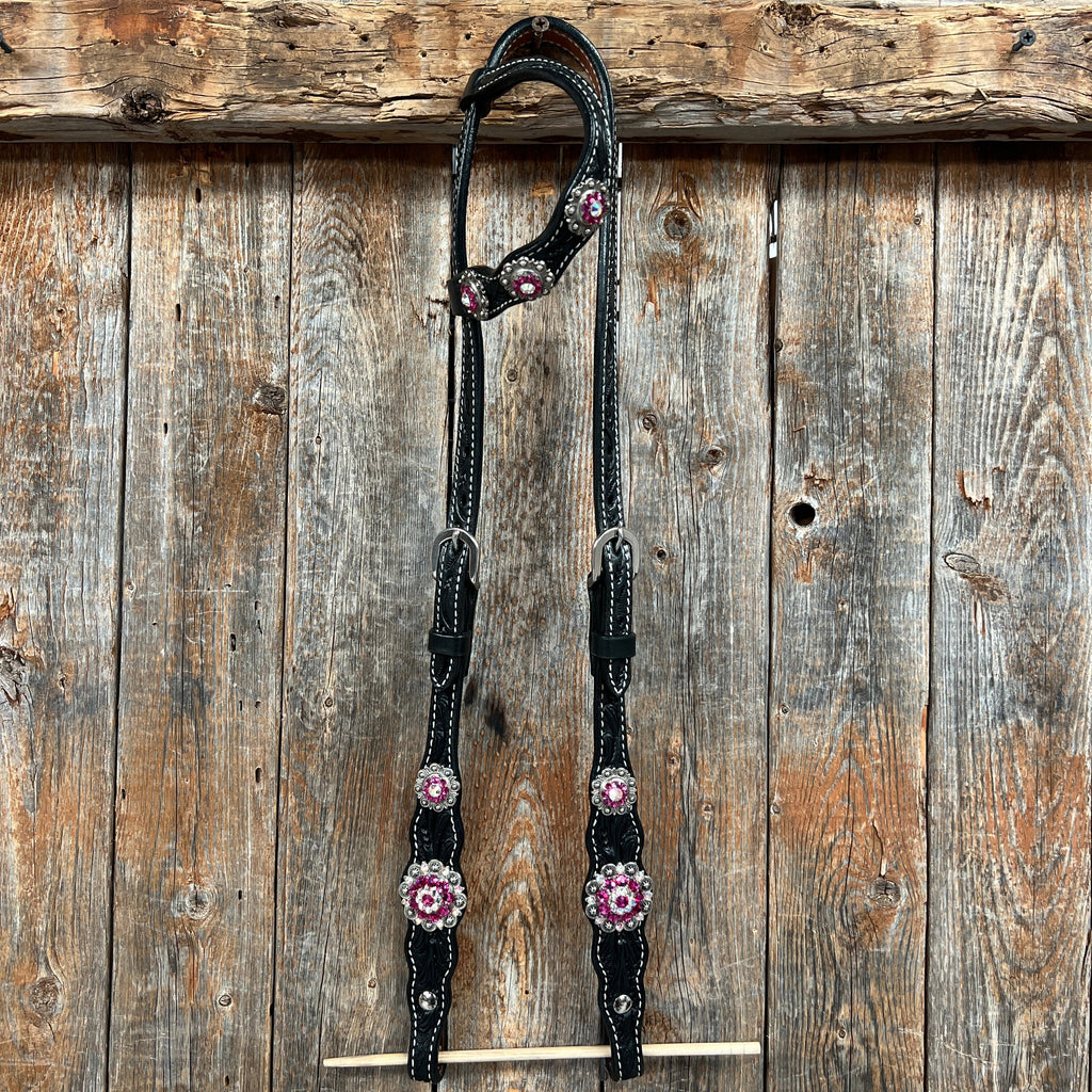 Black Floral Fuchsia Browband / One Ear Tack Set #BBBC596 — view 6