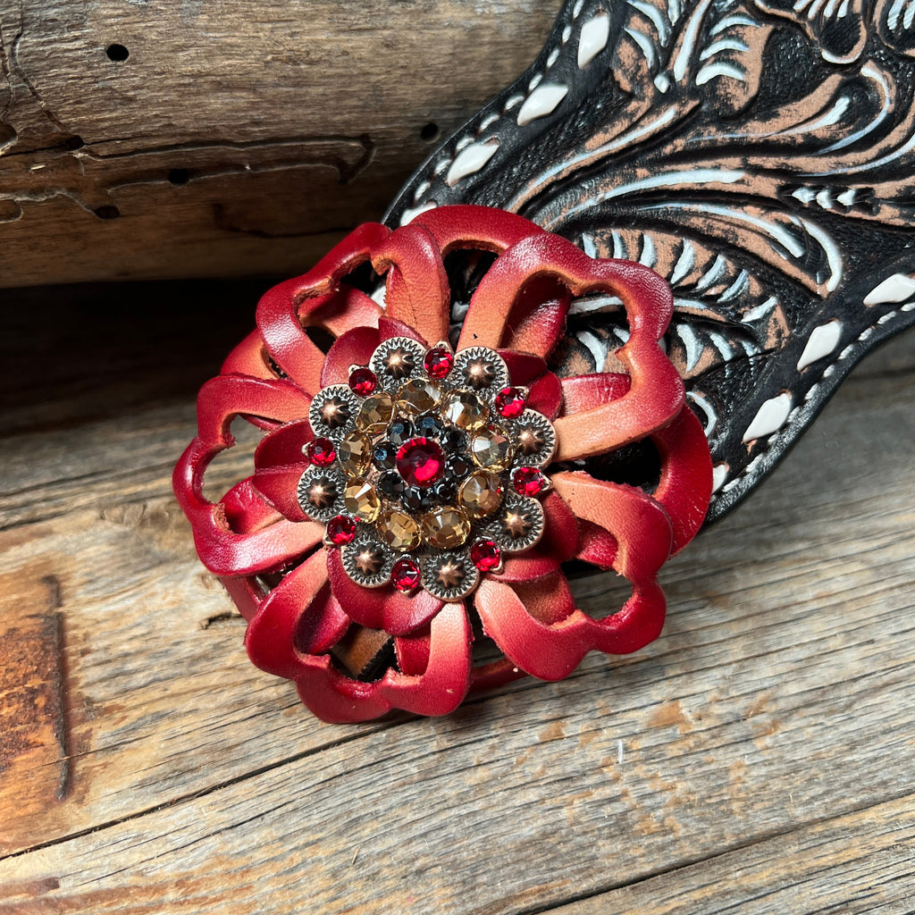 Dark Oil Buckstitch Bronc Noseband with Red Flowers and Crystal Conchos #BN100 — view 2