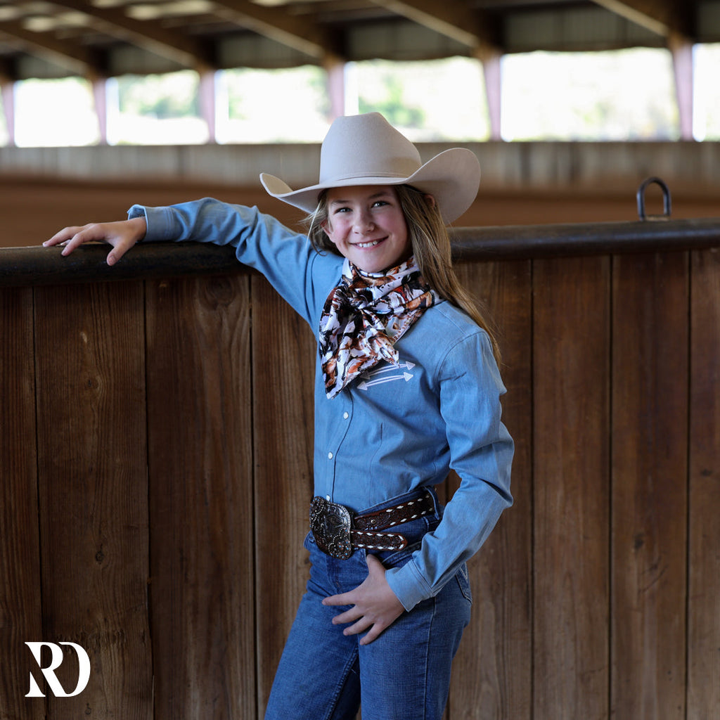 *youth* Light Wash Stretch Denim Stitched Performance Rodeo Shirt — view 3