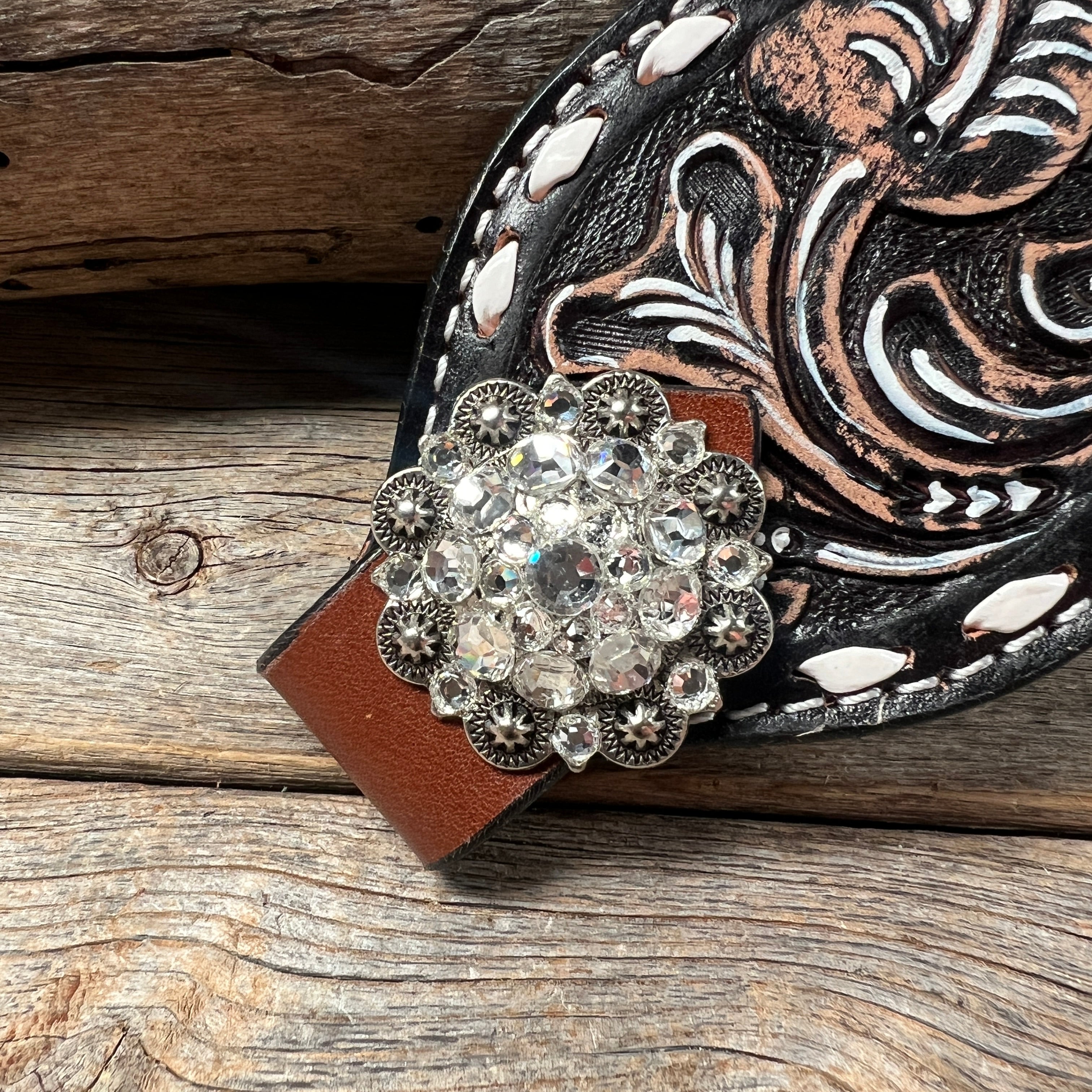 Dark Oil Buckstitch Bronc Noseband With Antique Silver Conchos — view 2