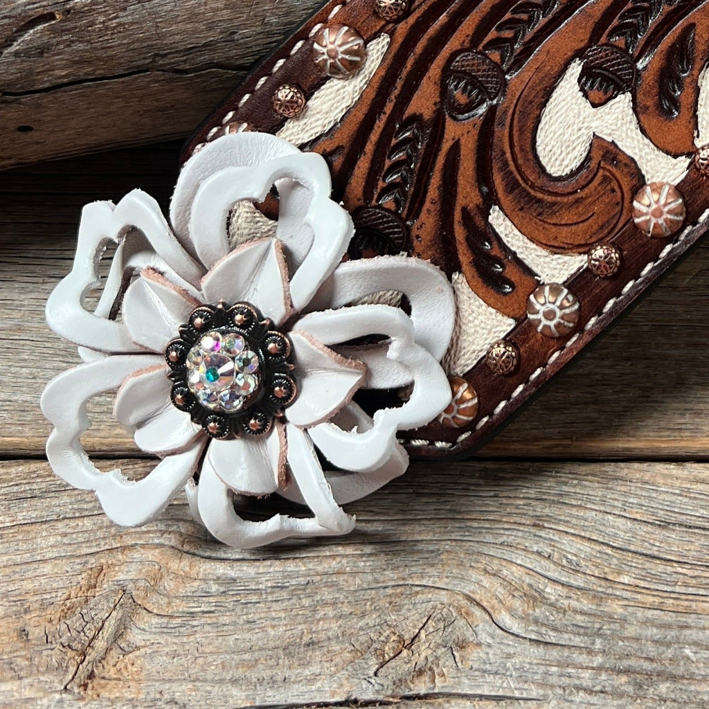 Medium Oil Copper Dot Bronc Noseband with White Lotus Flowers & Copper AB European Crystal Conchos — view 2