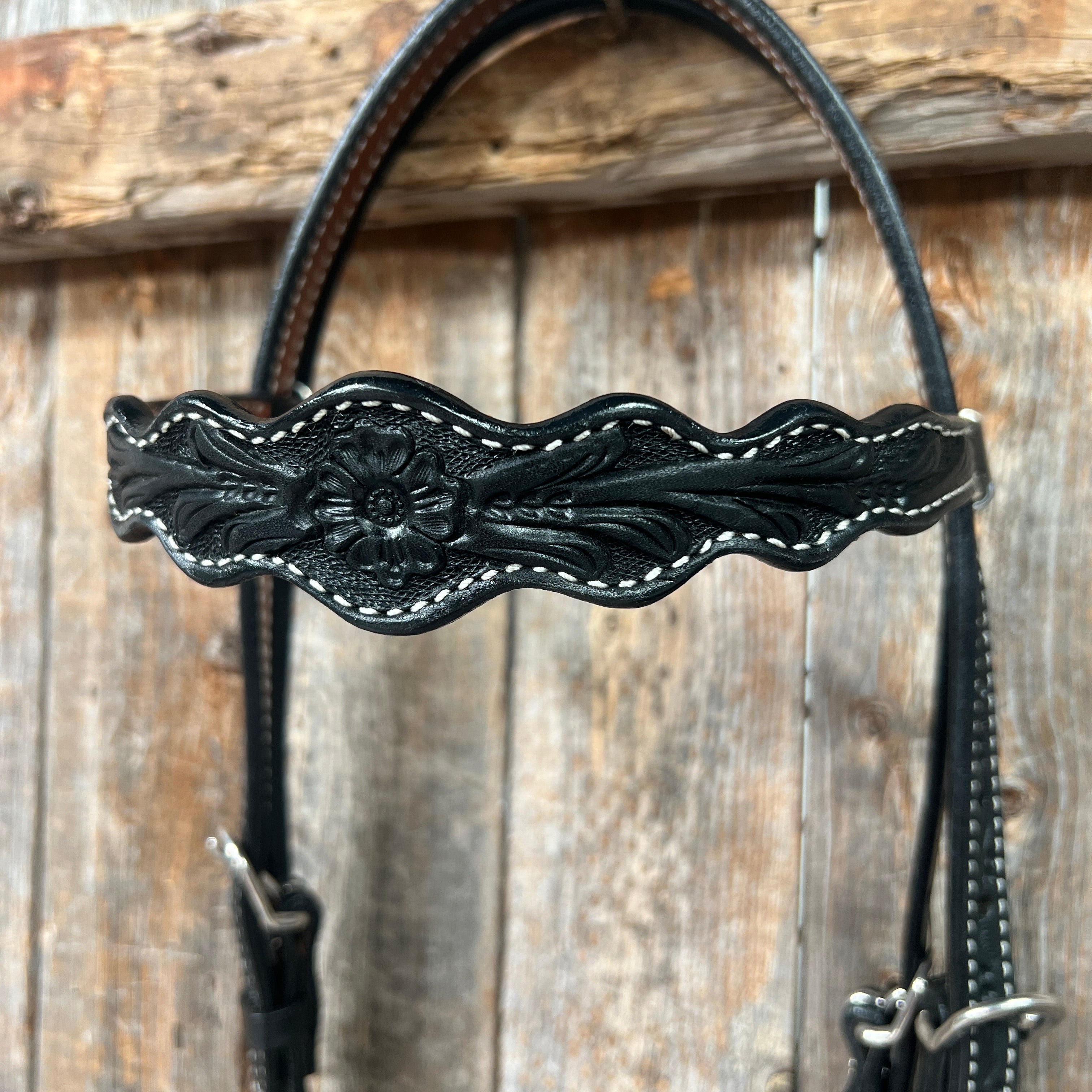 Floral Scalloped Black Browband Headstall / Bridle — view 2