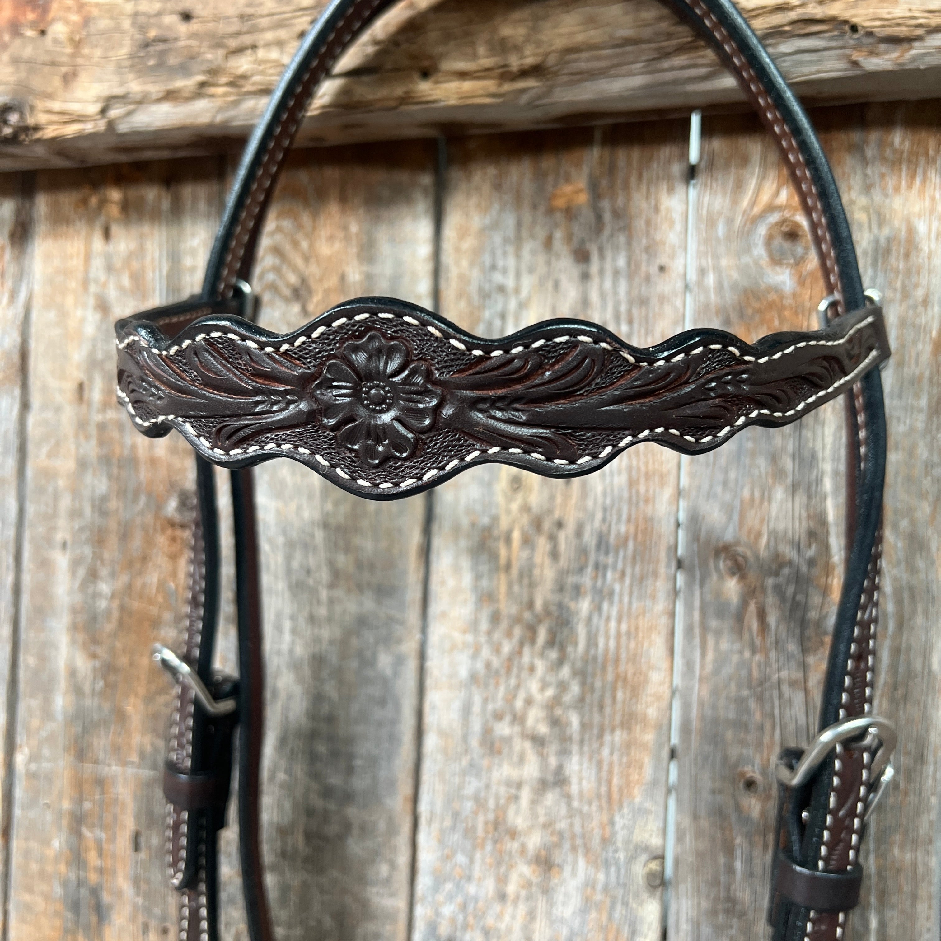 Floral Scalloped Dark Oil Browband Headstall / Bridle — view 2