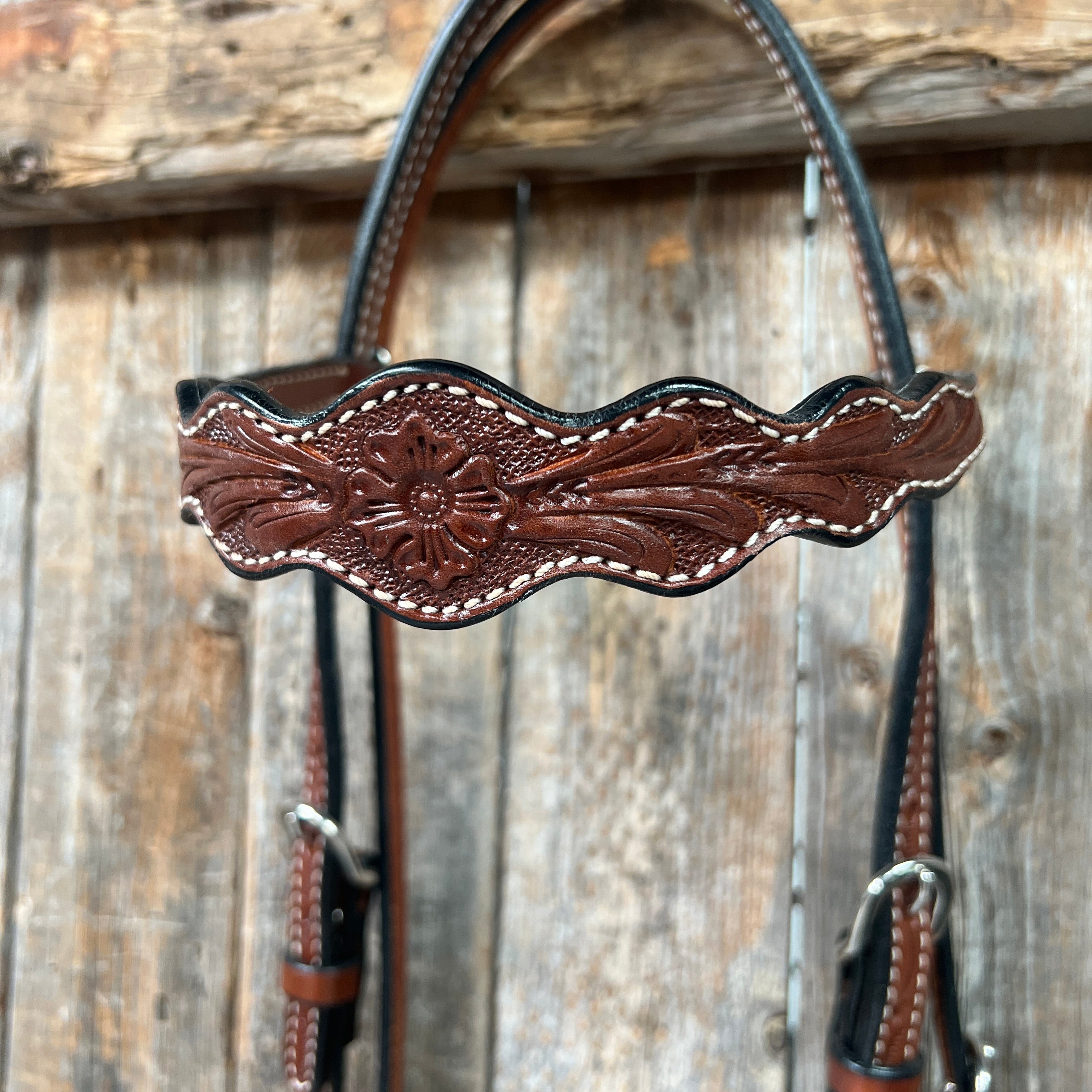 Floral Scalloped Medium Oil Browband Headstall / Bridle — view 3