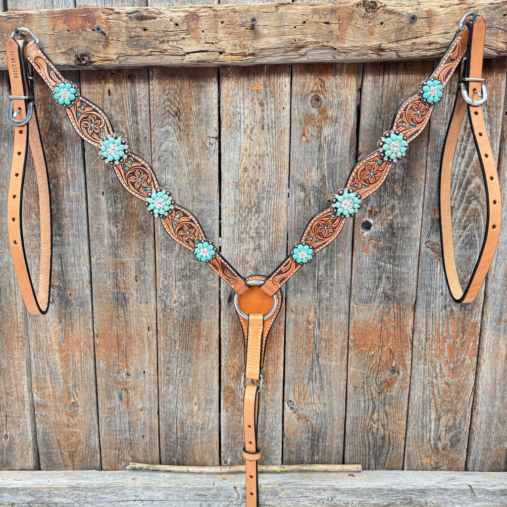 Floral Teal Dot Turquoise - Clear Browband/One Ear Headstall - Breastcollar Tack Set #BBBC669 — view 9