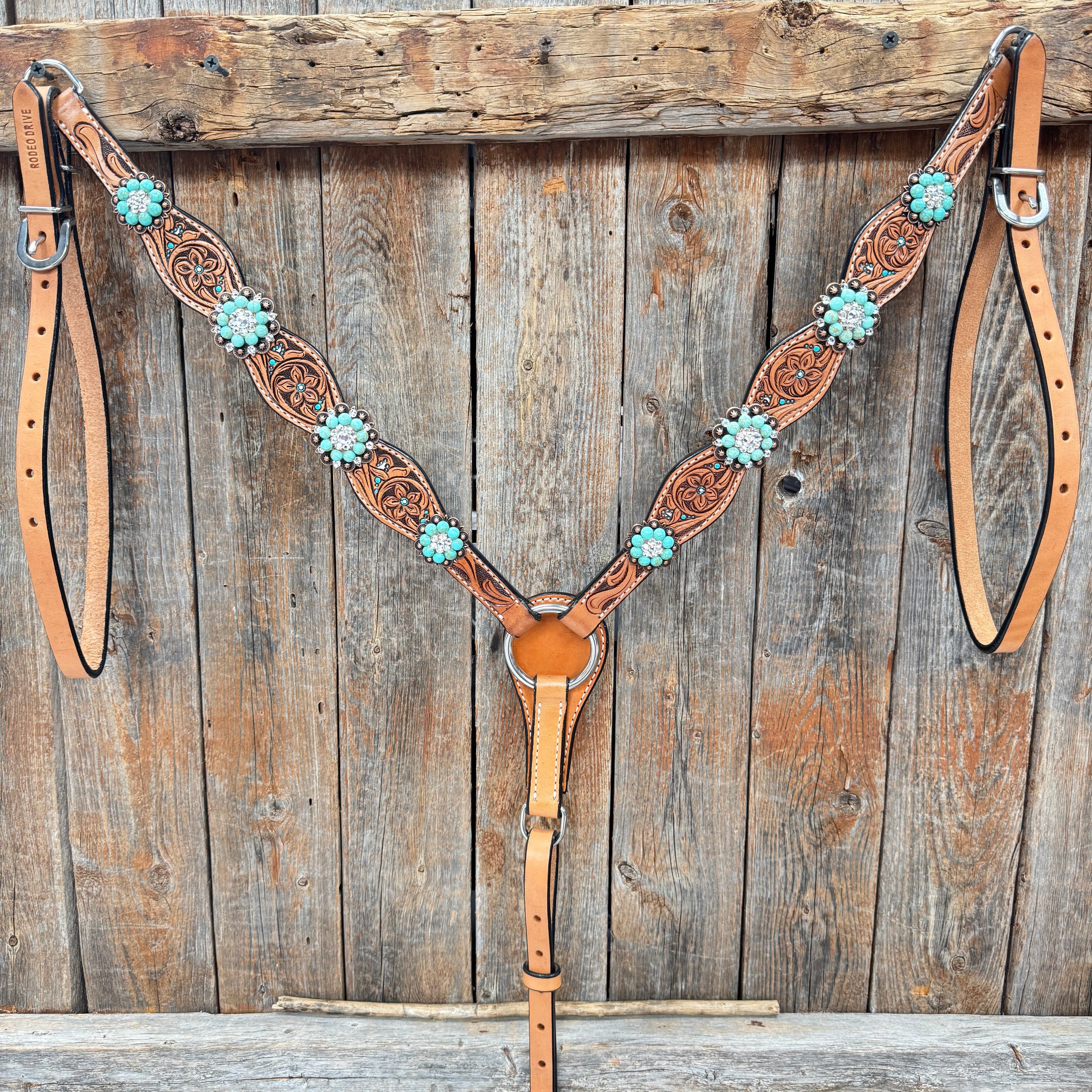 Floral Teal Dot Turquoise - Clear Browband/One Ear Headstall - Breastcollar Tack Set #BBBC669 — view 9