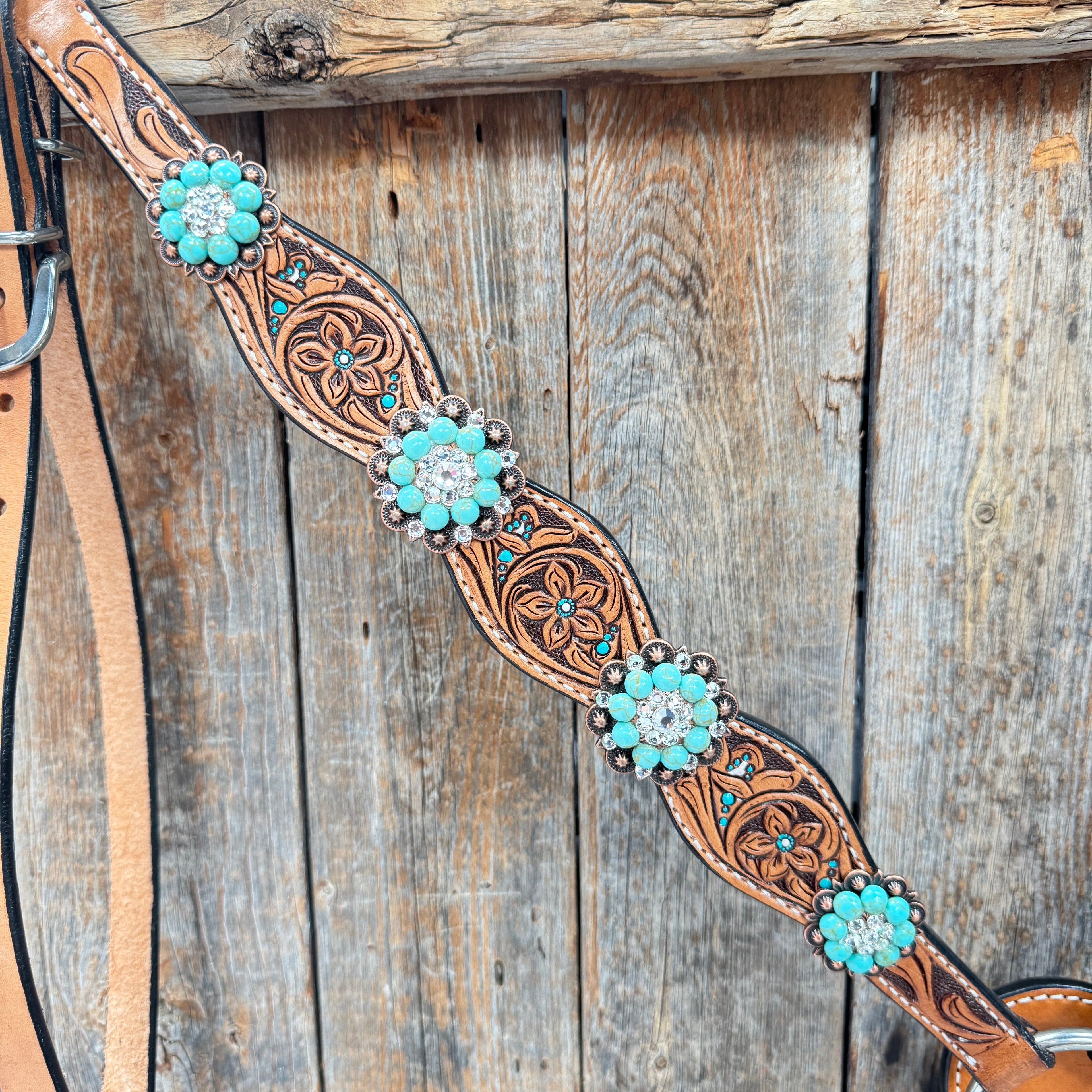 Floral Teal Dot Turquoise - Clear Browband/One Ear Headstall - Breastcollar Tack Set #BBBC669 — view 10