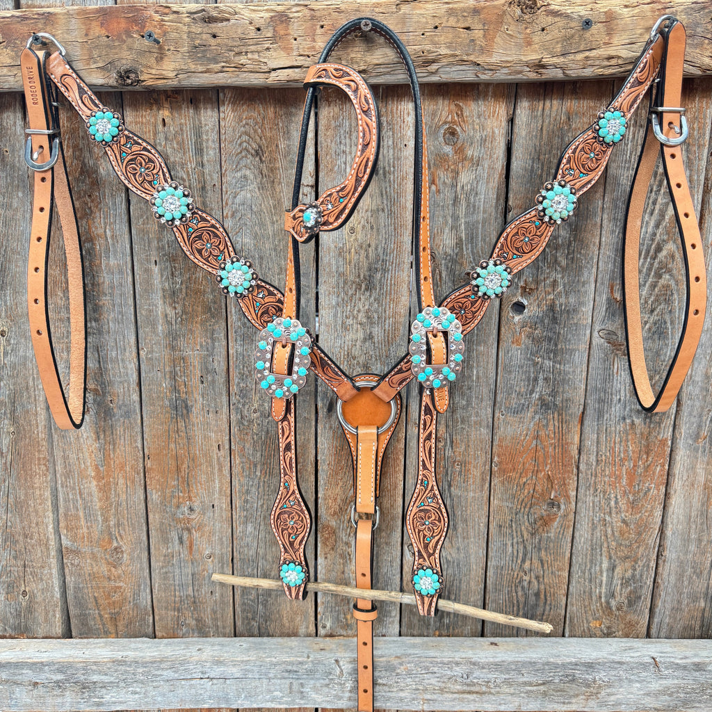 Floral Teal Dot Turquoise - Clear Browband/One Ear Headstall - Breastcollar Tack Set #BBBC669 — view 2
