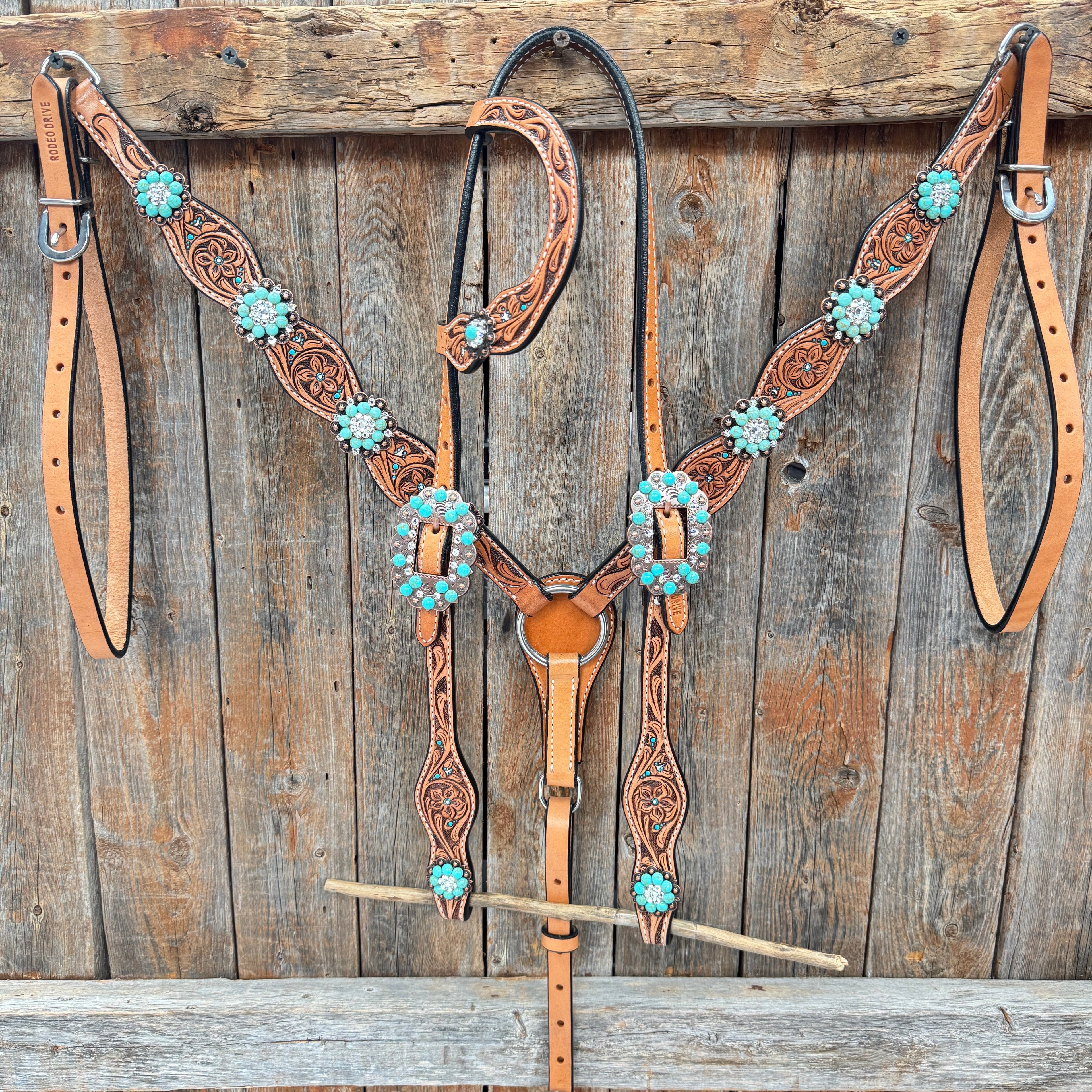 Floral Teal Dot Turquoise - Clear Browband/One Ear Headstall - Breastcollar Tack Set #BBBC669 — view 2